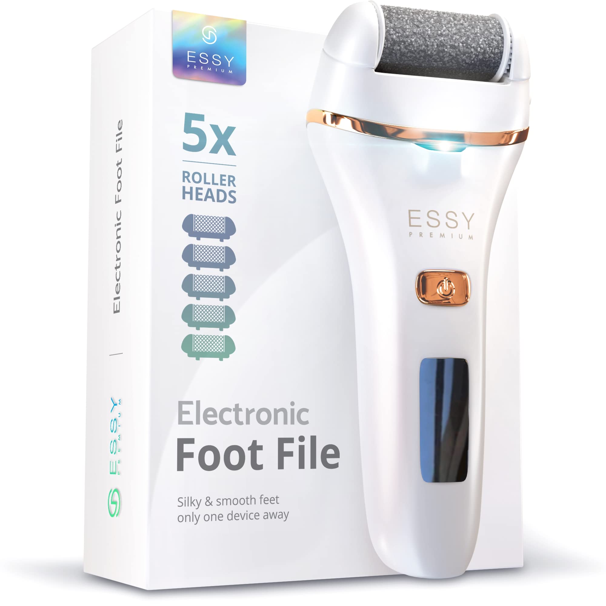 Electric Foot File Callus Remover with 5 Replacement Rollers - Professional Pedicure Tool for Dry Dead Skin & Hard Feet - Exfoliating Foot Care for Smooth Heels - Perfect for Home Spa & DIY Pedicure (White)