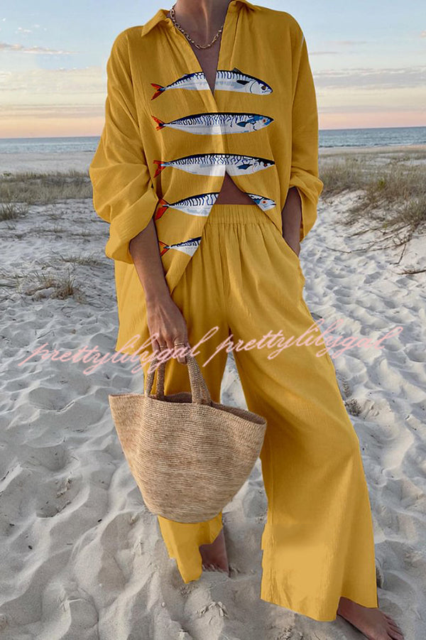Stylish Ocean Print Oversized Shirt & Elastic Waist Pocket Pants Set - Women's Casual Loungewear for Beach Vacation & Summer Outfits