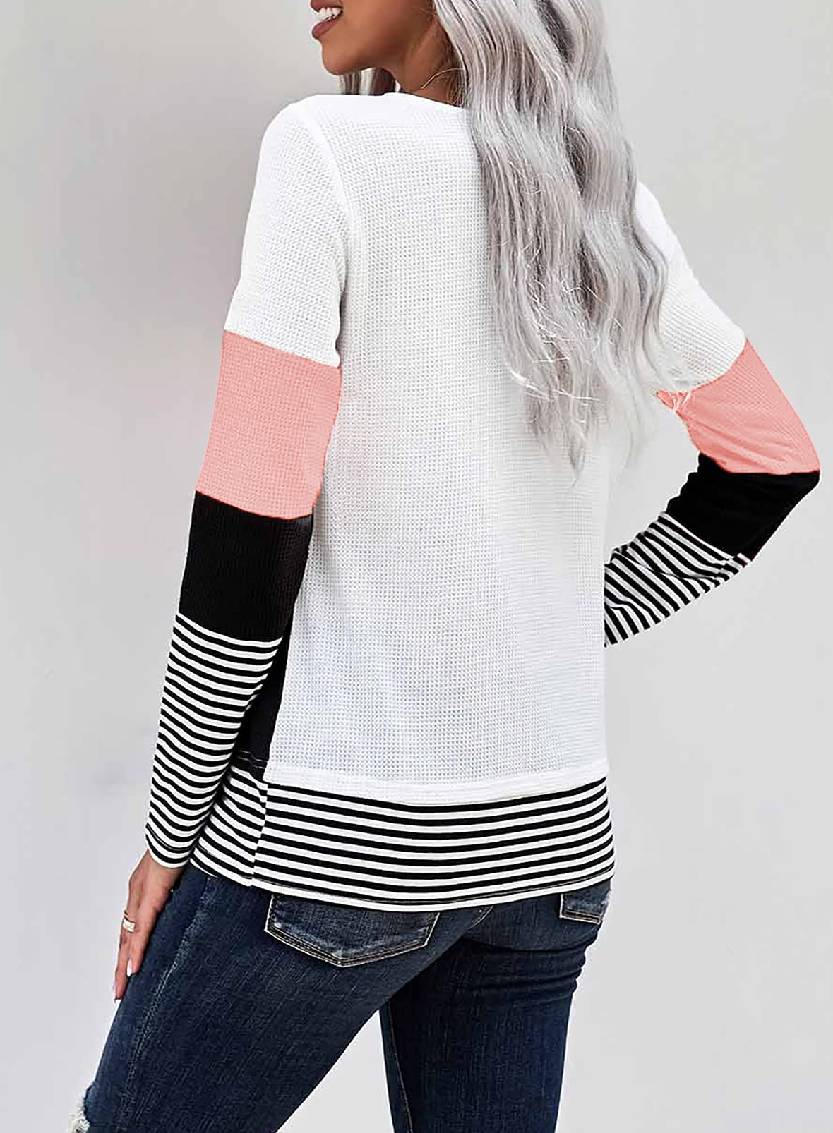 Dokotoo Women's Casual Long Sleeve Crewneck Pullover Sweater - Color Block Striped Waffle Knit Top for Fall | Perfect for Office Wear, Weekend Outings & Layering