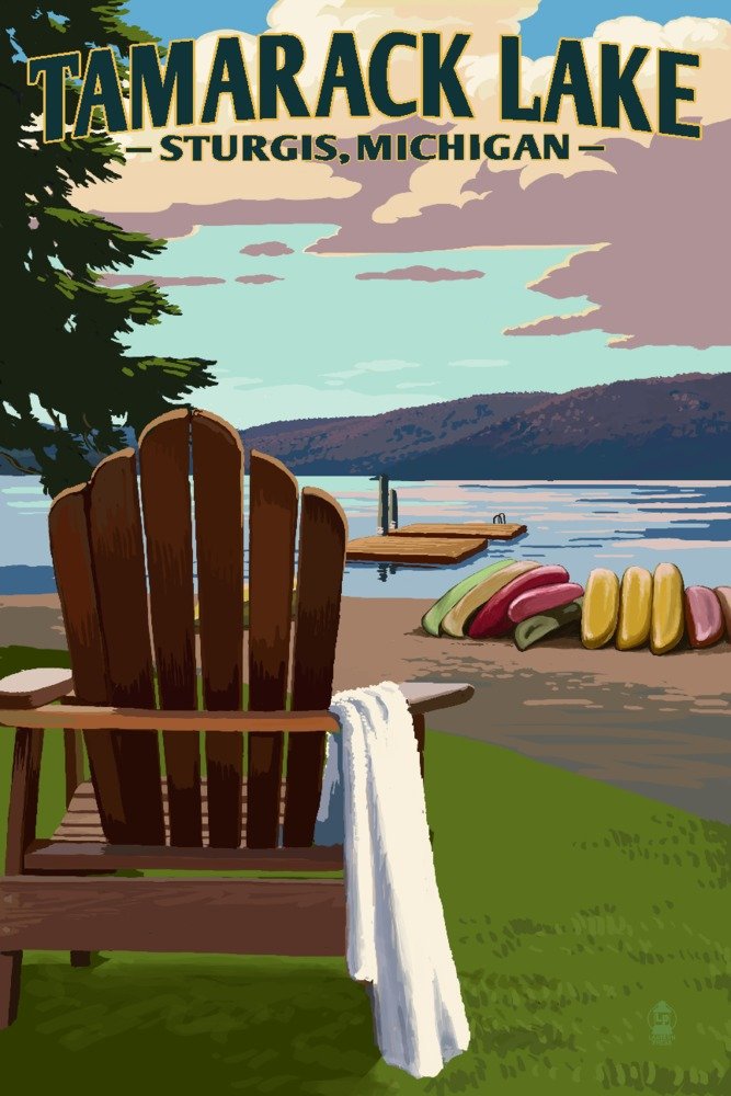 Sturgis Michigan Tamarack Lake Adirondack Chairs 68544 - 24x36 Signed Art Print Wall Decor Poster | Lake House Decor, Cabin Living Room Art, Rustic Home Office Wall Art