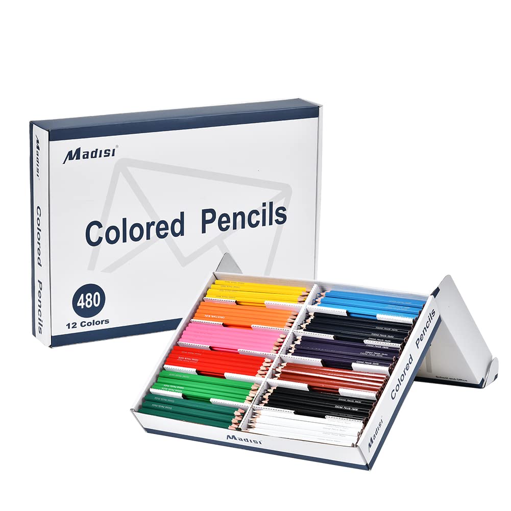 Madisi Colored Pencils Bulk Pack - 480 Pre-Sharpened Assorted Color Pencils (12 Vibrant Colors) - Perfect for Classroom, Art Projects & Coloring Books