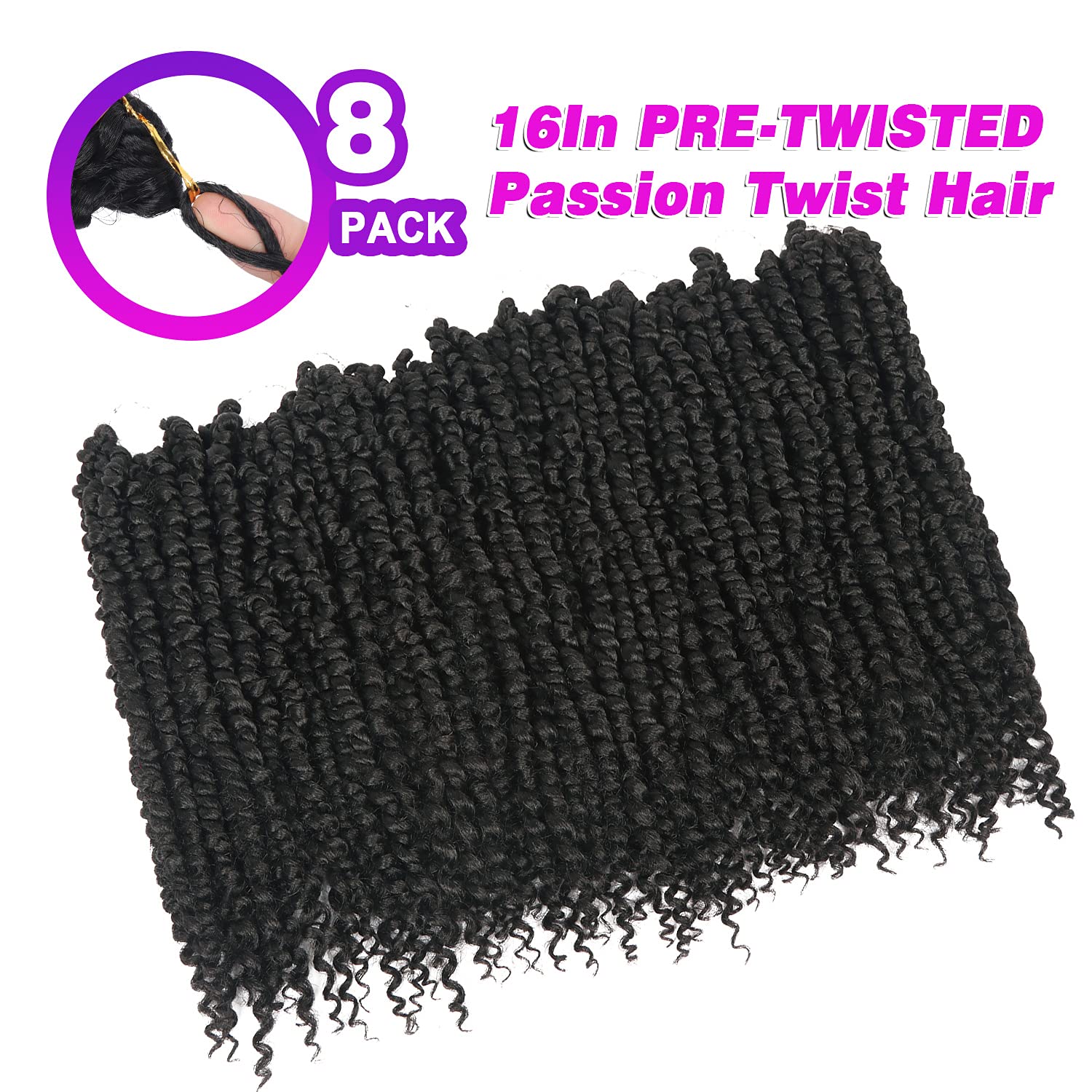 Boho Passion Twist Crochet Hair - 16 Inch Pre-Twisted Crochet Braids (8 Packs) - Soft Pre-Looped Synthetic Hair Extensions for Women, Girls & Kids - Natural Black 1B Color - Perfect for Protective Styles, Summer Looks & Everyday Wear