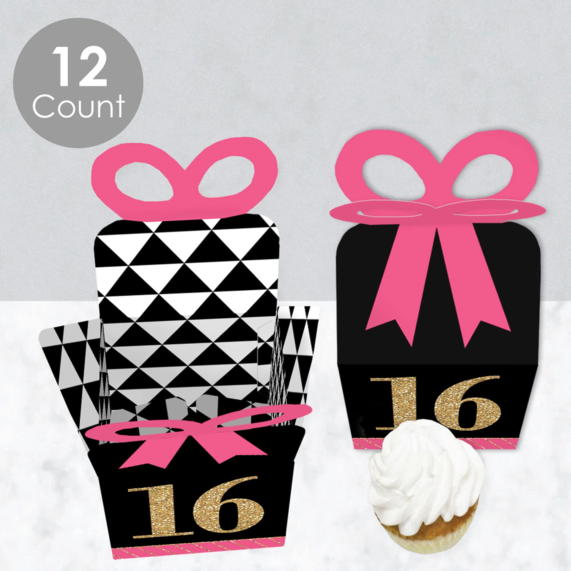 16th Birthday Gift Boxes - Pink, Black & Gold Set of 12 for Party Favors