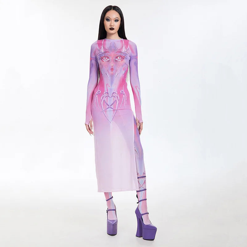 Anime Print Sheer Mesh Dress - Y2K Harajuku Streetwear Grunge Long Split Dress for Women | Spring 2024 Fashion | Perfect for Cosplay, Concerts & Night Out