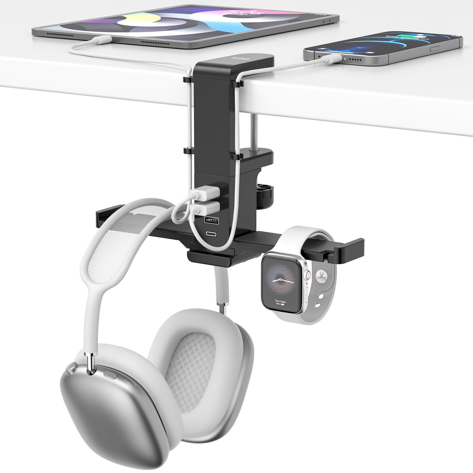 Premium Gamer Headset Stand with Dual USB Chargers & Type-C Port - Under Desk Headphone Holder with Removable Hooks & Cable Management - Perfect for Gaming Setup, Home Office & Workspace Organization (Black)