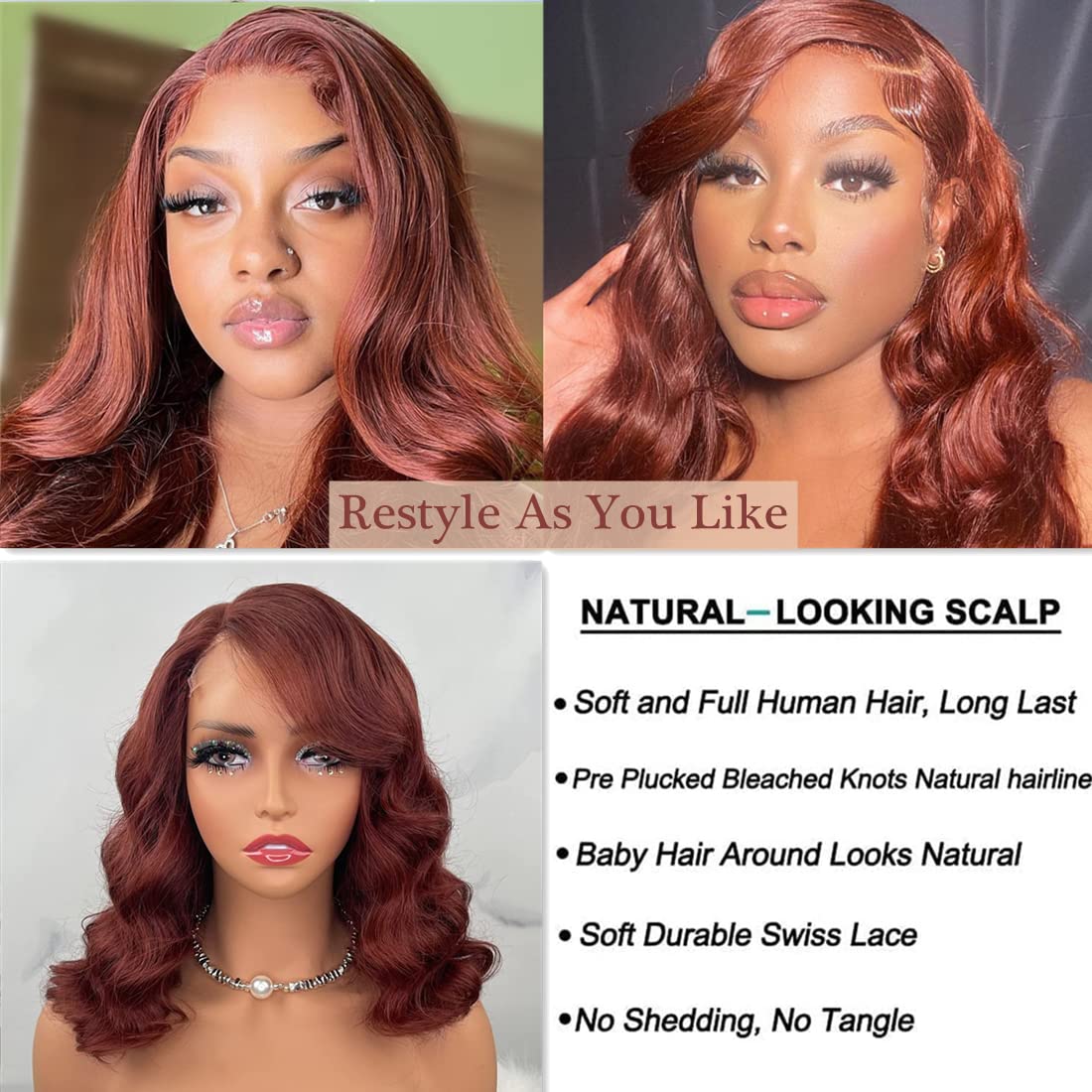 Brazilian Human Hair Bob Wig 14 Inch - Reddish Brown Auburn Lace Front Wig with 5x5 Glueless Closure, Pre-Plucked Body Wave for Black Women | Perfect for Daily Wear, Parties & Protective Styling