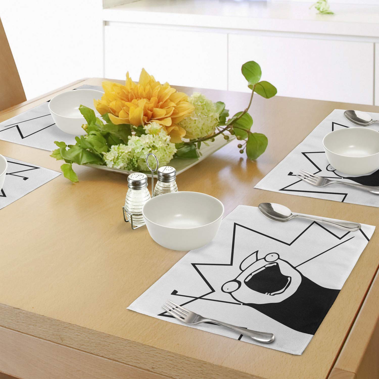 Ambesonne 4-Pack Humor Place Mats Set - Happy Stick Meme Troll Face Cheerful Expression Digital Modern Design - Washable Fabric Placemats for Dining Room & Kitchen Table Decor (Black & White) - Perfect for Parties, Family Dinners & Meme Lovers