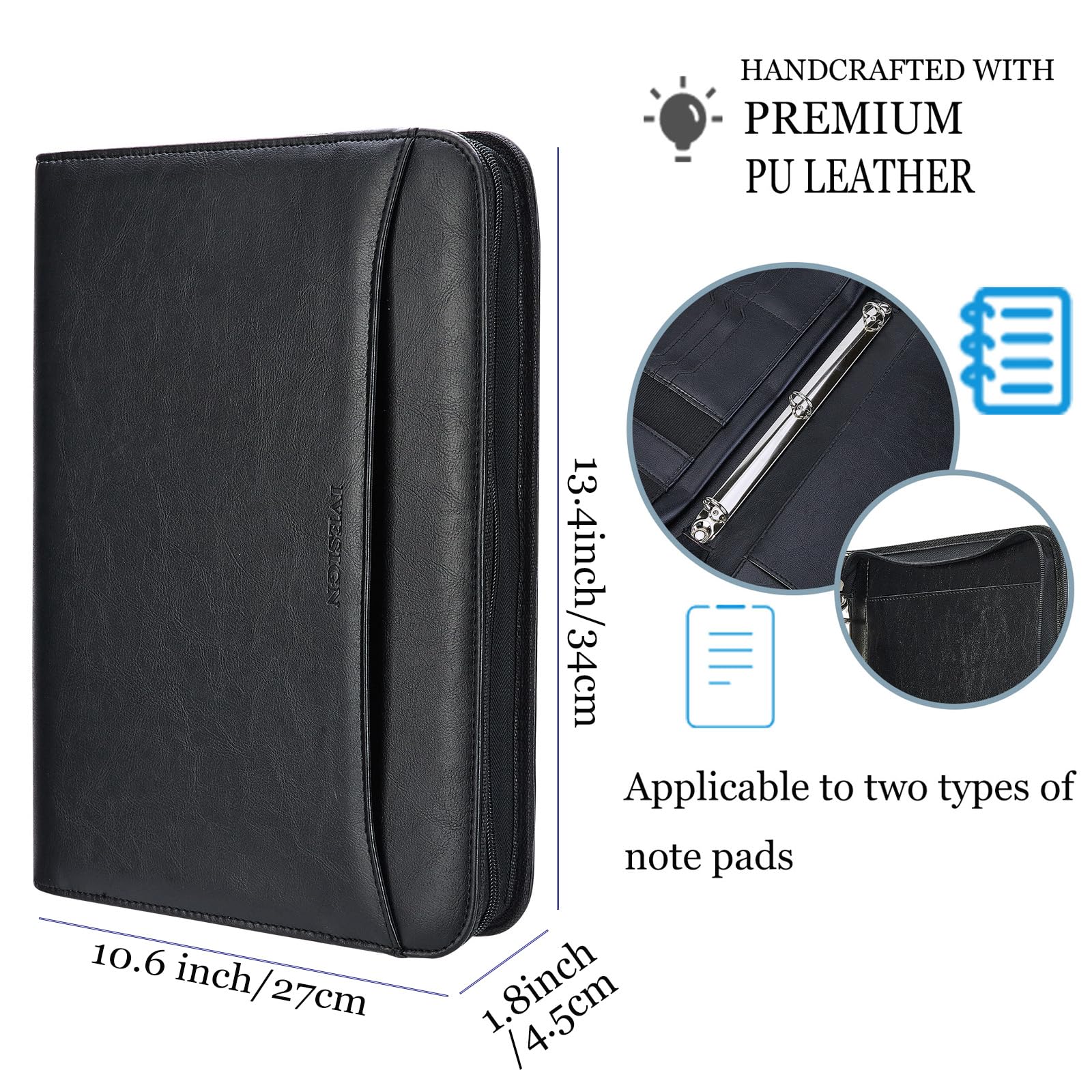 IVESIGN Zippered Padfolio Binder - Faux Leather 3-Ring Organizer with Business Card Slots & Document Folders | Left-Handed Design for Professionals | Perfect for Office, Meetings & Business Travel (Black)