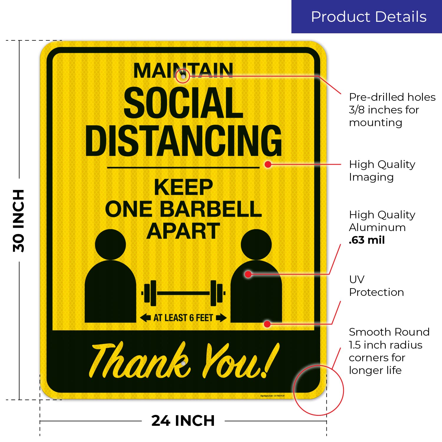 Social Distancing Sign - Keep One Barbell Apart at Least 6 Feet - 24x30 Inches Reflective Aluminum Sign - 3M EGP Coating, Fade Resistant - Made in USA - Perfect for Gyms, Workplaces & Public Spaces