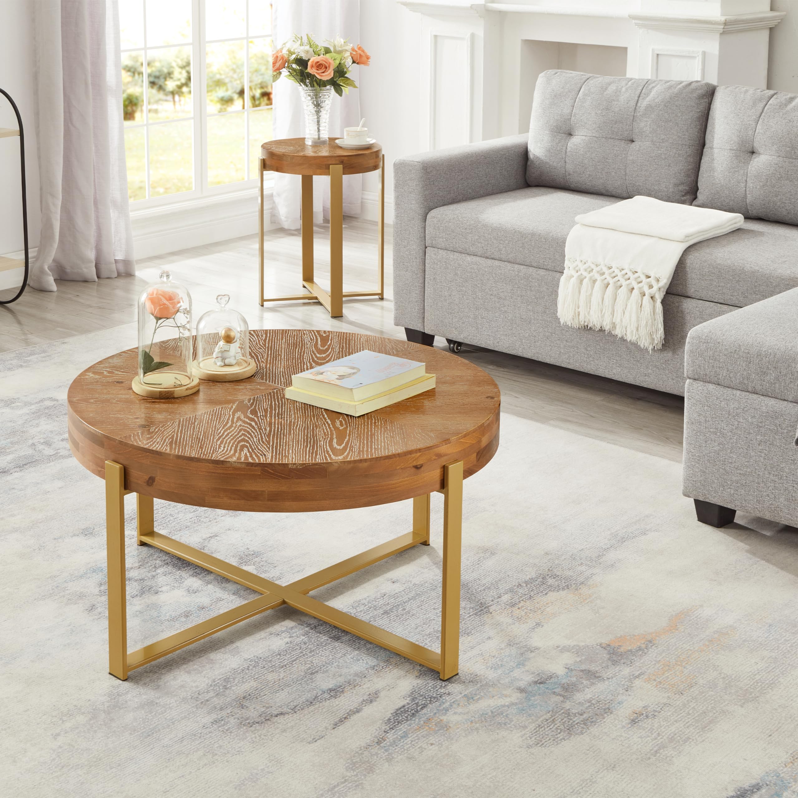Round Solid Wood Coffee Table Set of 2 - Farmhouse Style Rustic End Tables with Metal Legs, 32x32x18 Inch Living Room Furniture - Perfect for Cozy Home Decor & Small Space Arrangement (No Assembly Required)