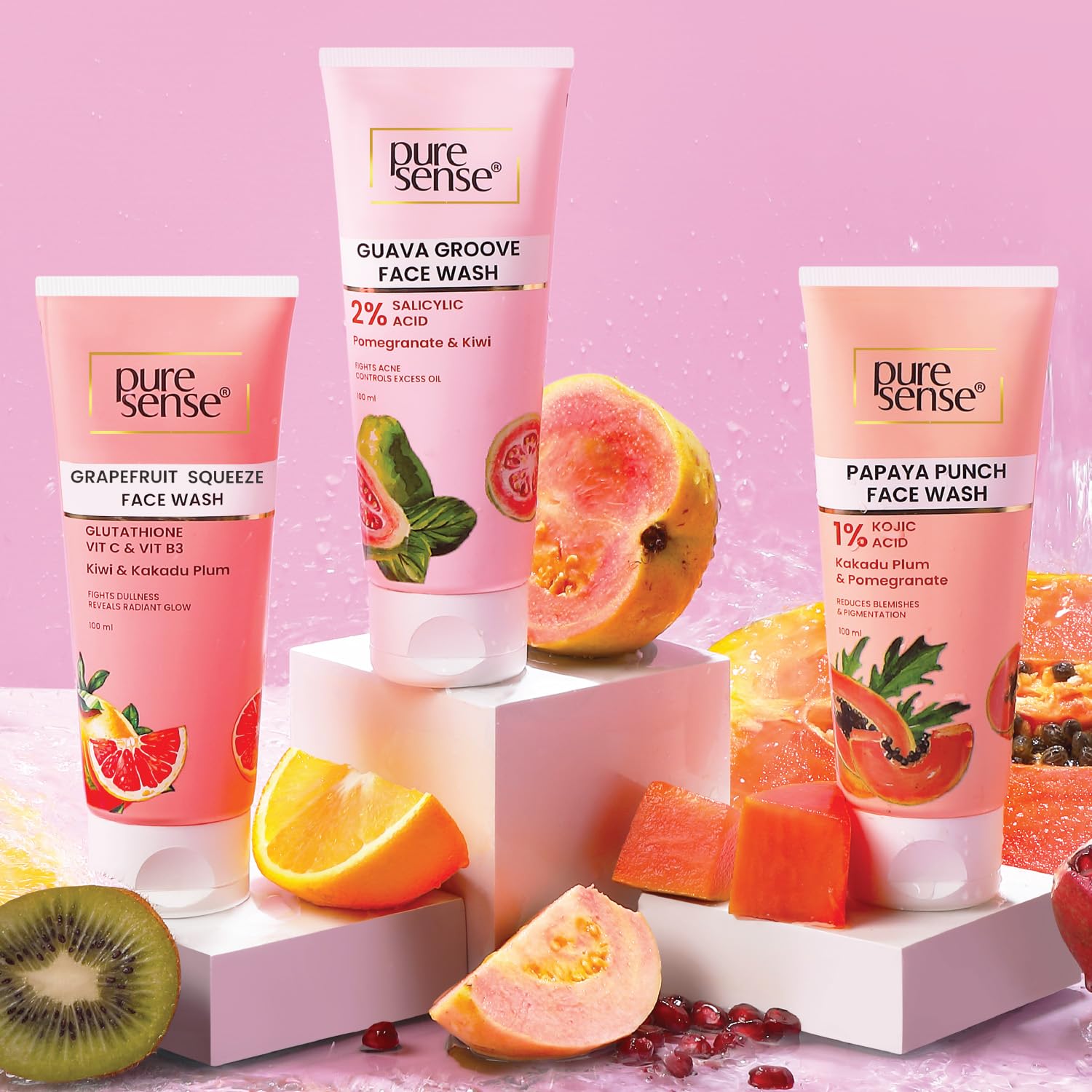 PureSense Guava Groove Face Wash with 2% Salicylic Acid | Pomegranate & Kiwi Extract | Acne Treatment & Oil Control | For Men & Women - 100ml | Daily Cleanser for Oily & Combination Skin | Perfect for Morning & Night Skincare Routine