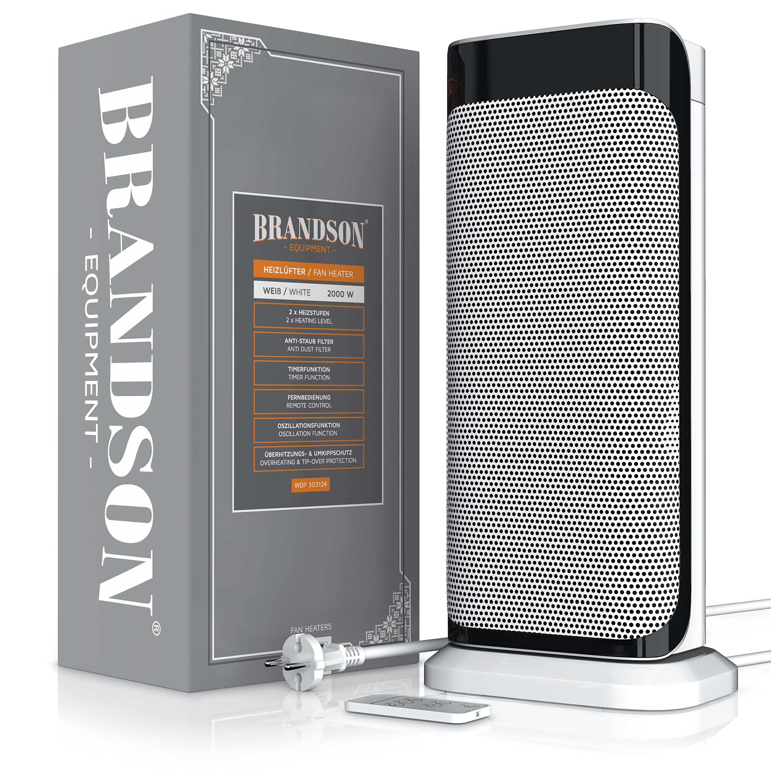 Brandson - Energy Efficient Ceramic Space Heater with Remote Control - Quiet Oscillating Bathroom Heater with Timer - GS Certified - Perfect for Bedroom, Office & Small Spaces