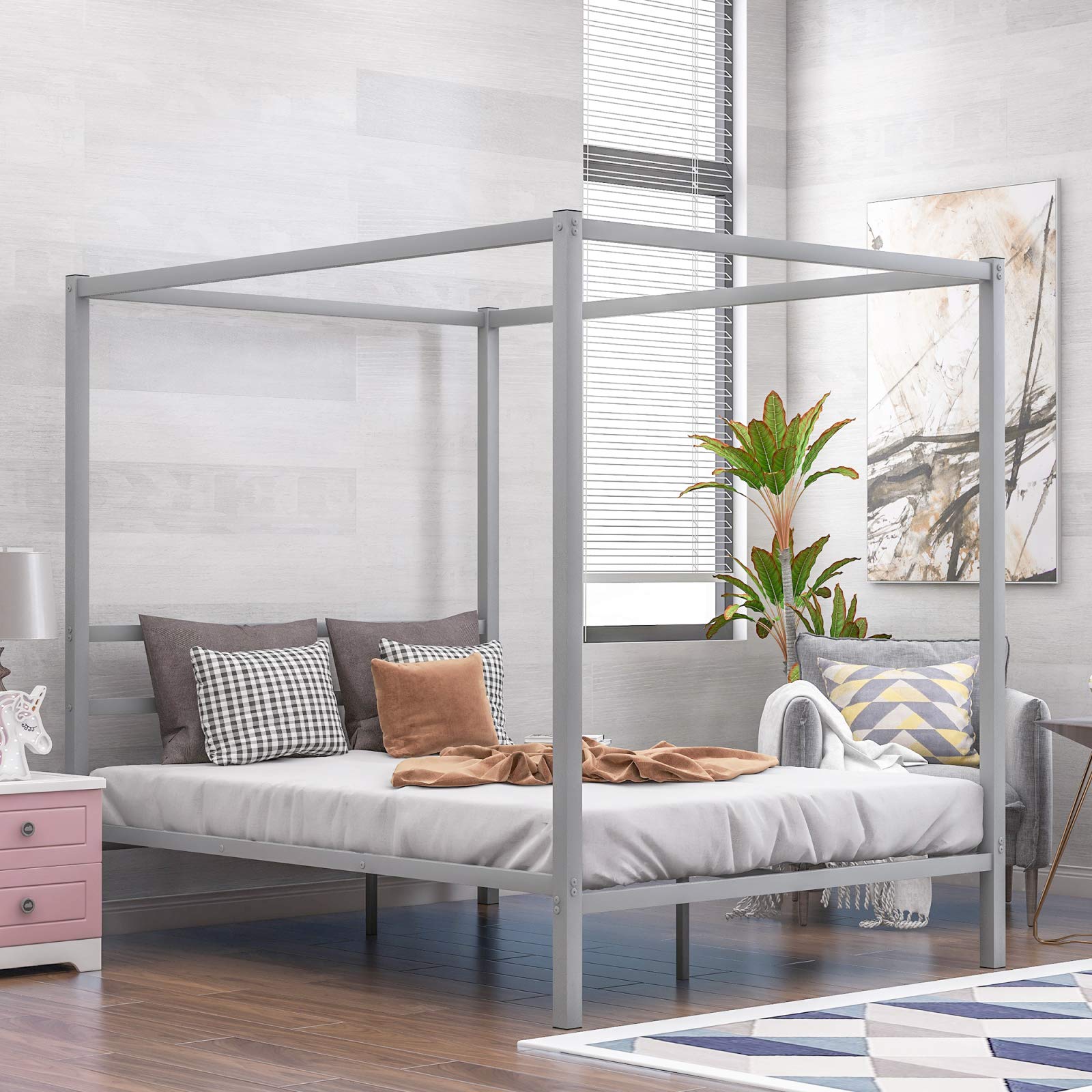 Queen Size Metal Canopy Bed Frame with Built-in Headboard - 4-Poster Platform Bed with Sturdy Metal Slat Support (No Box Spring Needed) in Silver - Perfect for Master Bedrooms, Guest Rooms & Bohemian Bedroom Decor