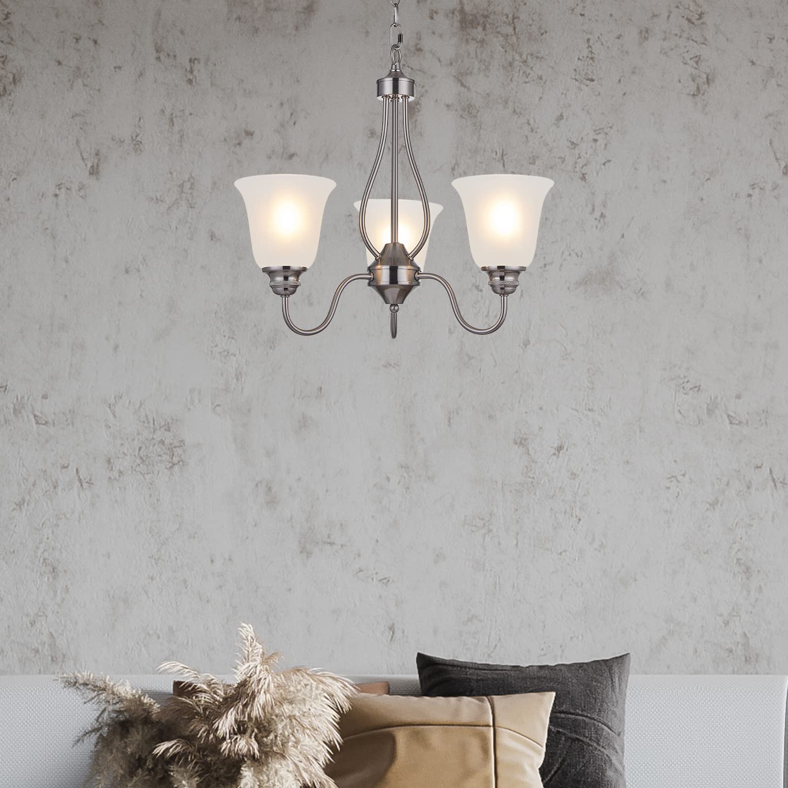 3-Light Brushed Nickel Chandelier - Classic Frosted Glass Ceiling Light Fixture for Dining Room, Living Room & Hallway | Energy Efficient LED Compatible (Bulbs Not Included) | Perfect for Home Decor, Office Meetings & Elegant Gatherings