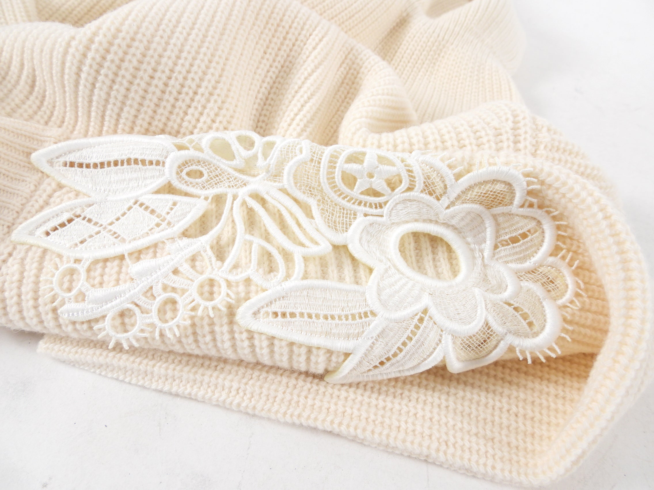 Chloe Cream Knit Lace Trim Peplum Sweater for Women - Elegant Lace Detail Pullover Top for Fall & Winter - Perfect for Office, Date Night and Holiday Parties