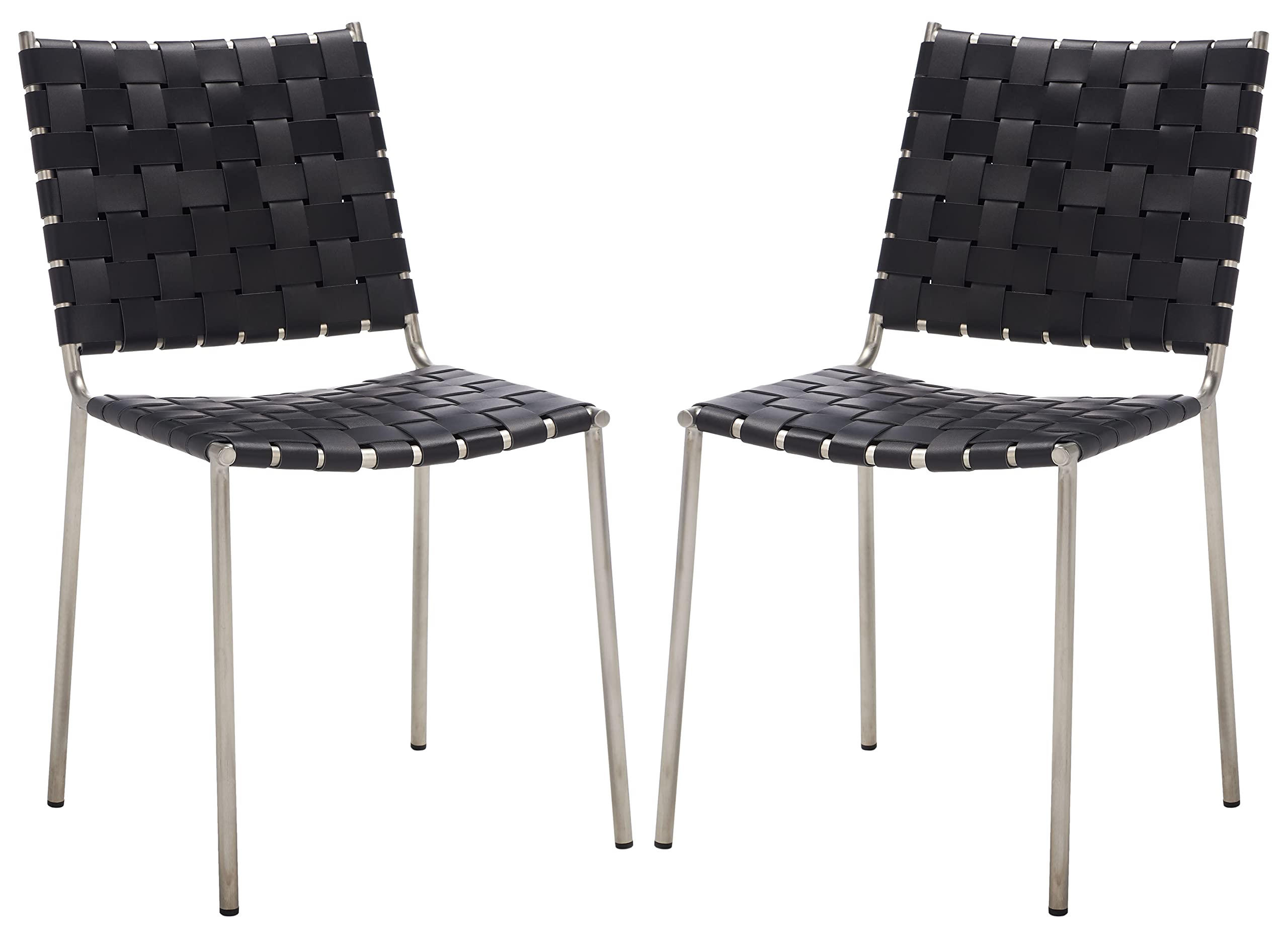 Safavieh Wesson Black Woven Leather & Silver Dining Chairs (Set of 2) - Fully Assembled Modern Kitchen & Dining Room Furniture for Home Decor
