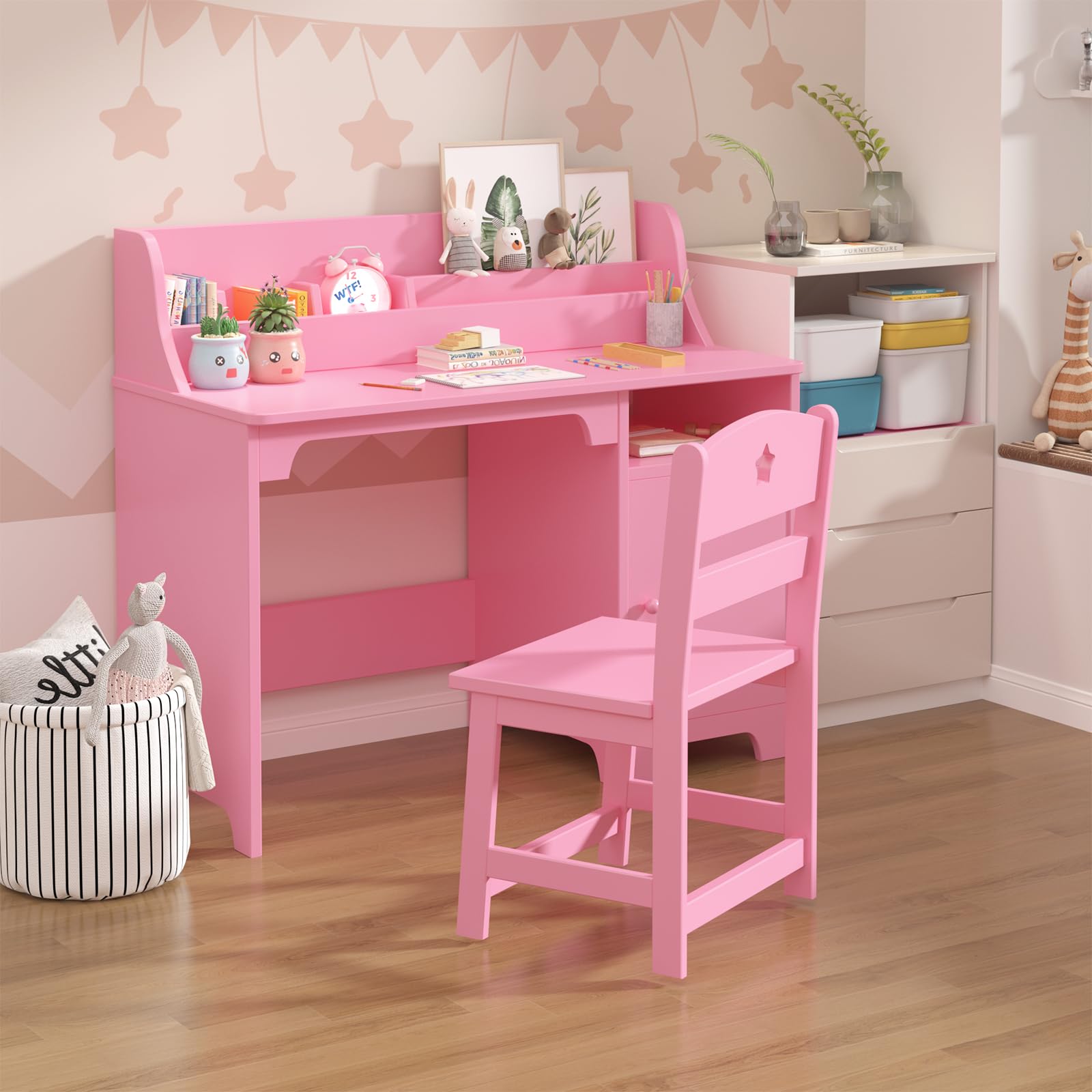 White Kids Desk with Chair - Wooden Study Desk for Boys & Girls, Hutch & Storage Cabinet, Children's Writing Table & Computer Workstation - Perfect for Bedroom, Study Room & Homeschooling (Pink)