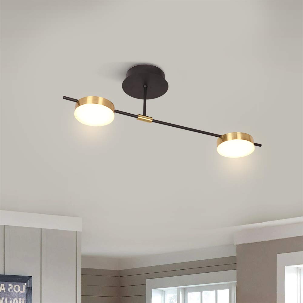 Modern 15W 2-Light Dimmable LED Semi Flush Mount Ceiling Light Fixture - Black & Gold 3000K Warm White for Dining Room, Kitchen, Living Room, Bedroom, Office | Energy Saving Home Lighting for Modern Interior Decor