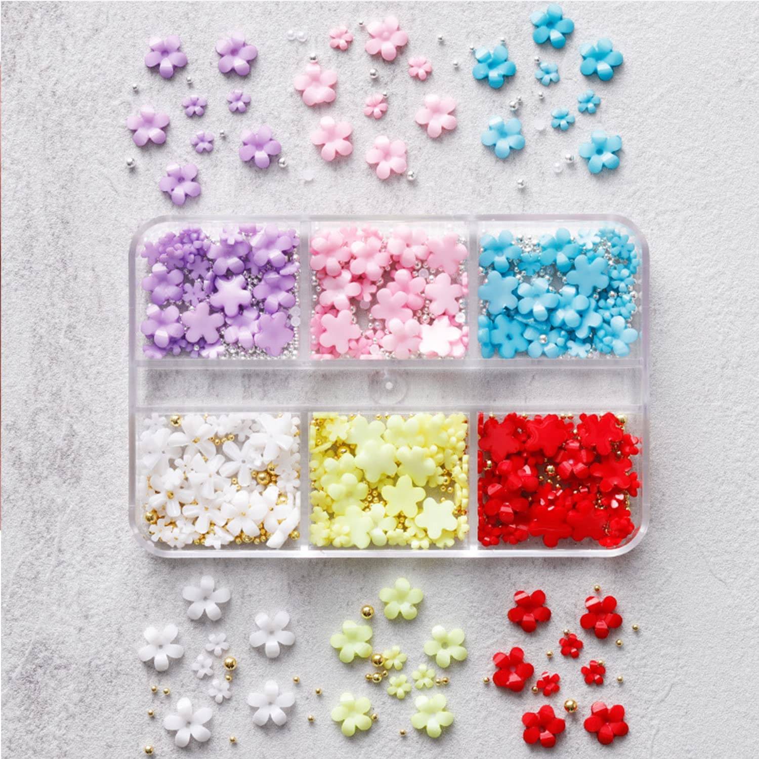 **Gold & Silver Caviar Beads & Flower Nail Charms – 6 Grids Acrylic Floral Nail Art Designs with Metal Balls & Cherry Blossom Studs – DIY Manicure Decoration for Spring & Summer Nails – Perfect for Salon, Home Nail Art, and Party Glam**