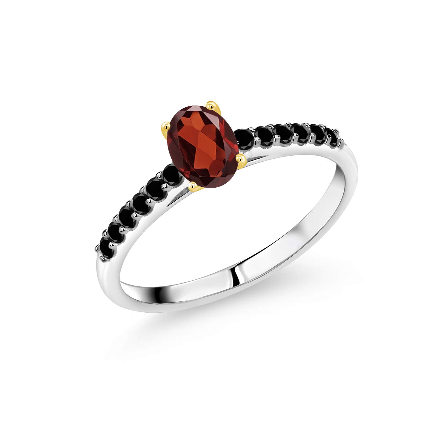 0.77 Ct Natural Red Garnet & Black Diamond Ring in 925 Sterling Silver with 10K Yellow Gold Prongs - Elegant Jewelry for Women, Perfect for Weddings, Anniversaries & Special Occasions