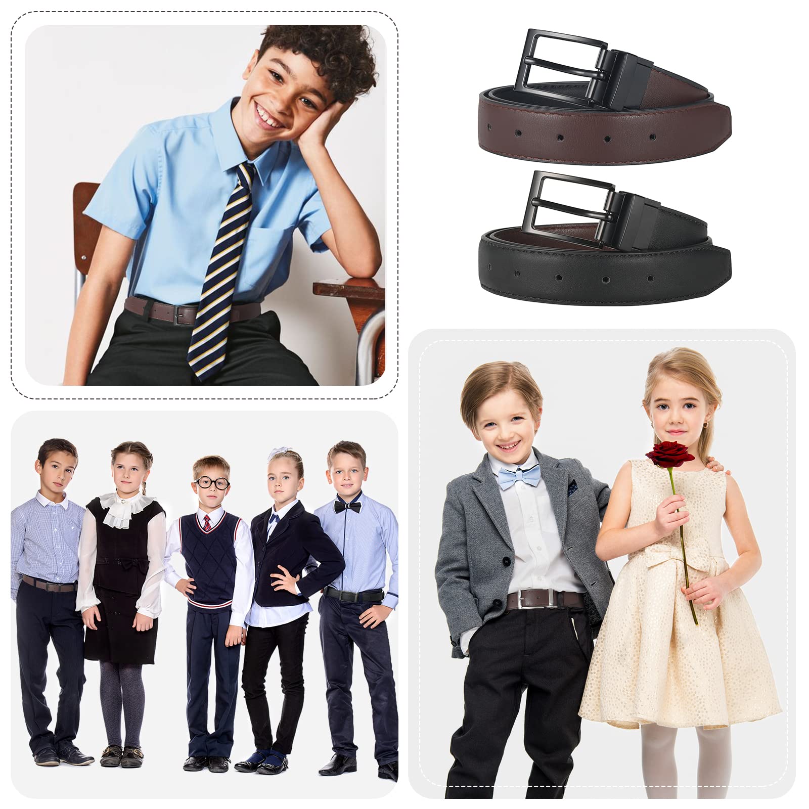 AWAYTR Reversible Kids Belts for Boys - Adjustable Black & Brown Leather Belt for School Uniform, Casual Jeans & Dress Pants | Perfect for School, Play & Everyday Wear
