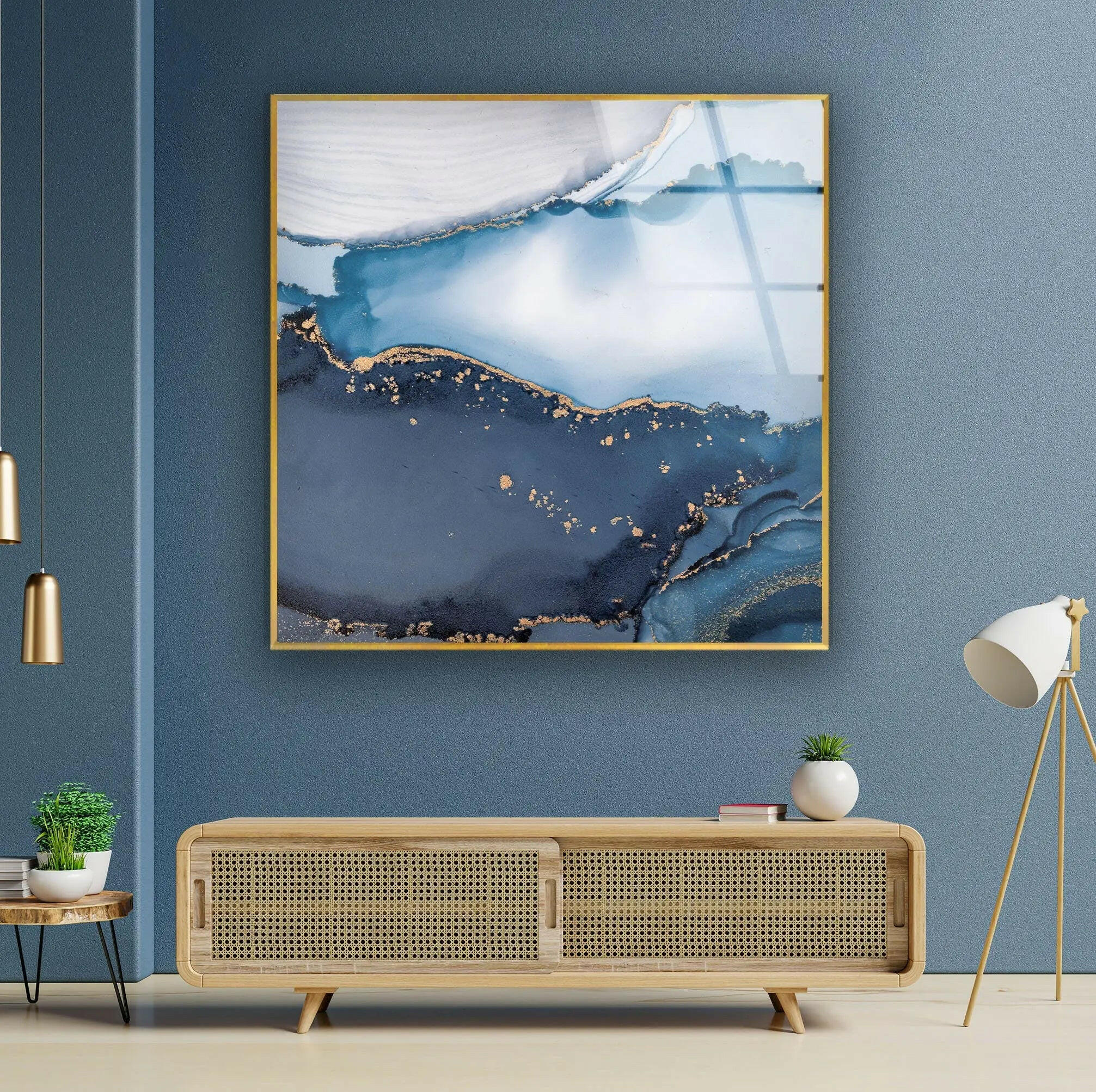 Blue Marble Ink Abstract Glass Wall Art - Modern Home Decor for Living Room, Bedroom & Office - Unique Handmade Glass Painting for Interior Design