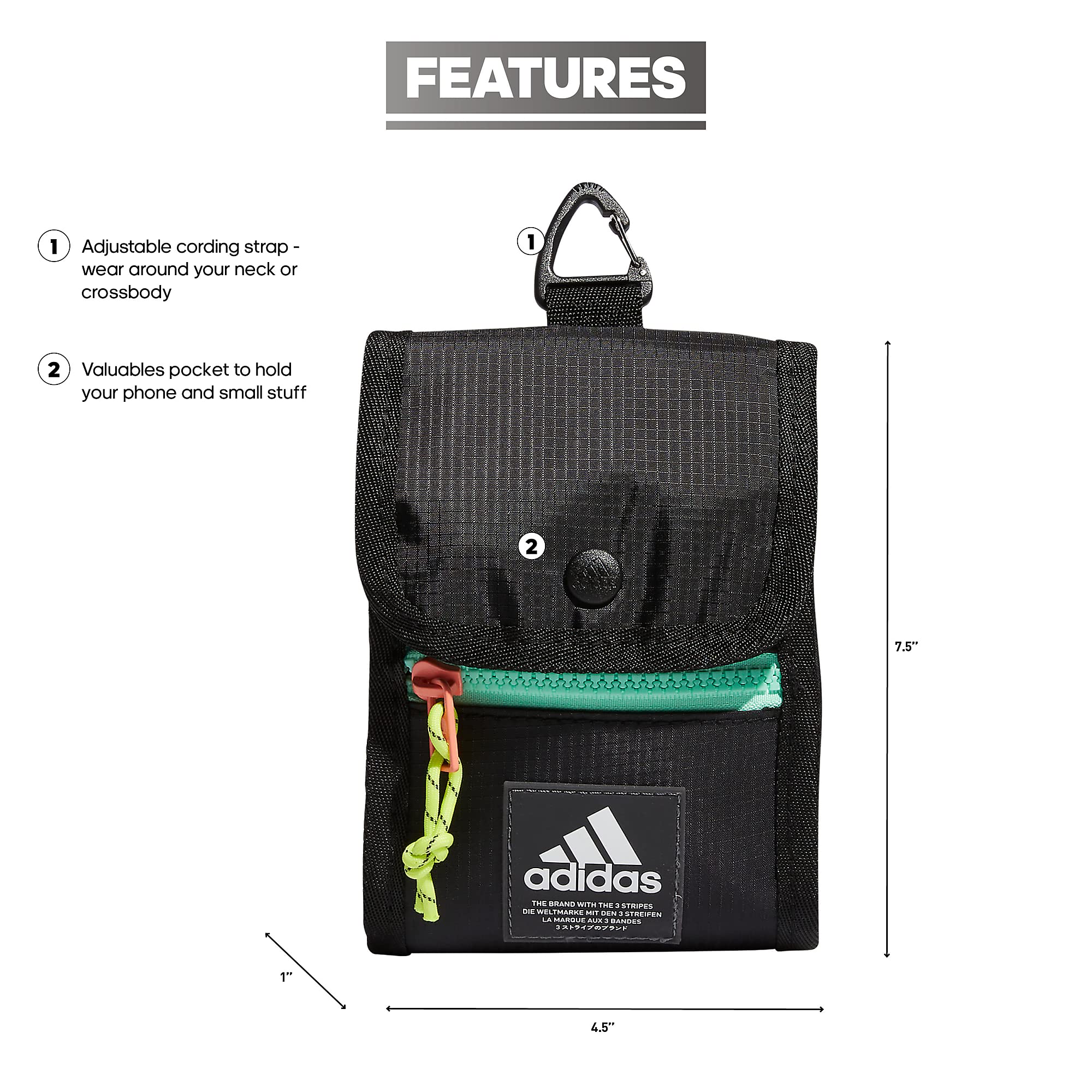 Adidas Neck Pouch - Waterproof Crossbody Bag for Travel, Running, Hiking & Festivals | Secure Waist Pack for Phone, Wallet & Essentials | Hands-Free Convenience for Outdoor Activities
