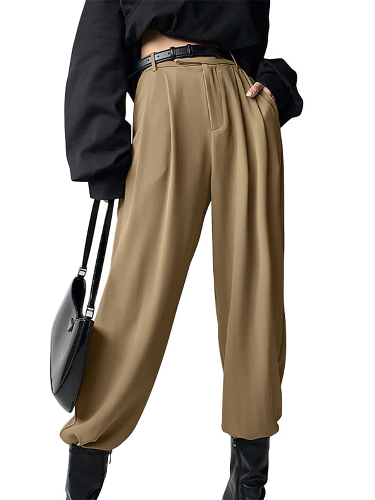 Celmia Women's High Waist Pleated Paper Bag Pants - Elastic Waist Casual Office Work Trousers with Pockets | Perfect for Business, Workwear & Everyday Outfits