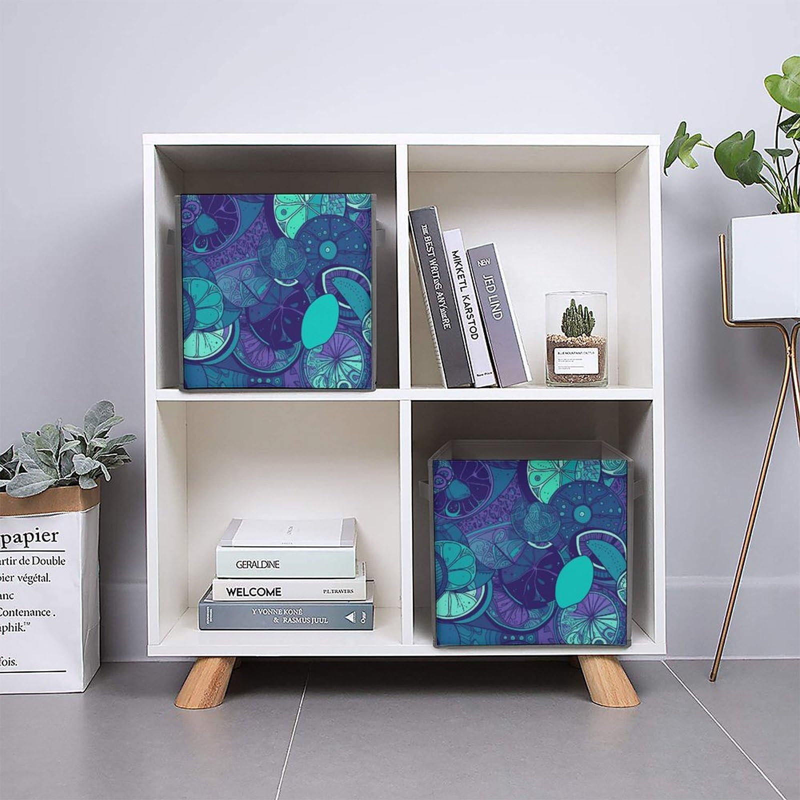 Blue Teal Lemon Printed Storage Baskets - 2 Pack Fabric Storage Bins & Containers for Home Organization | Closet, Nursery, Laundry Room & Bathroom Storage Solutions