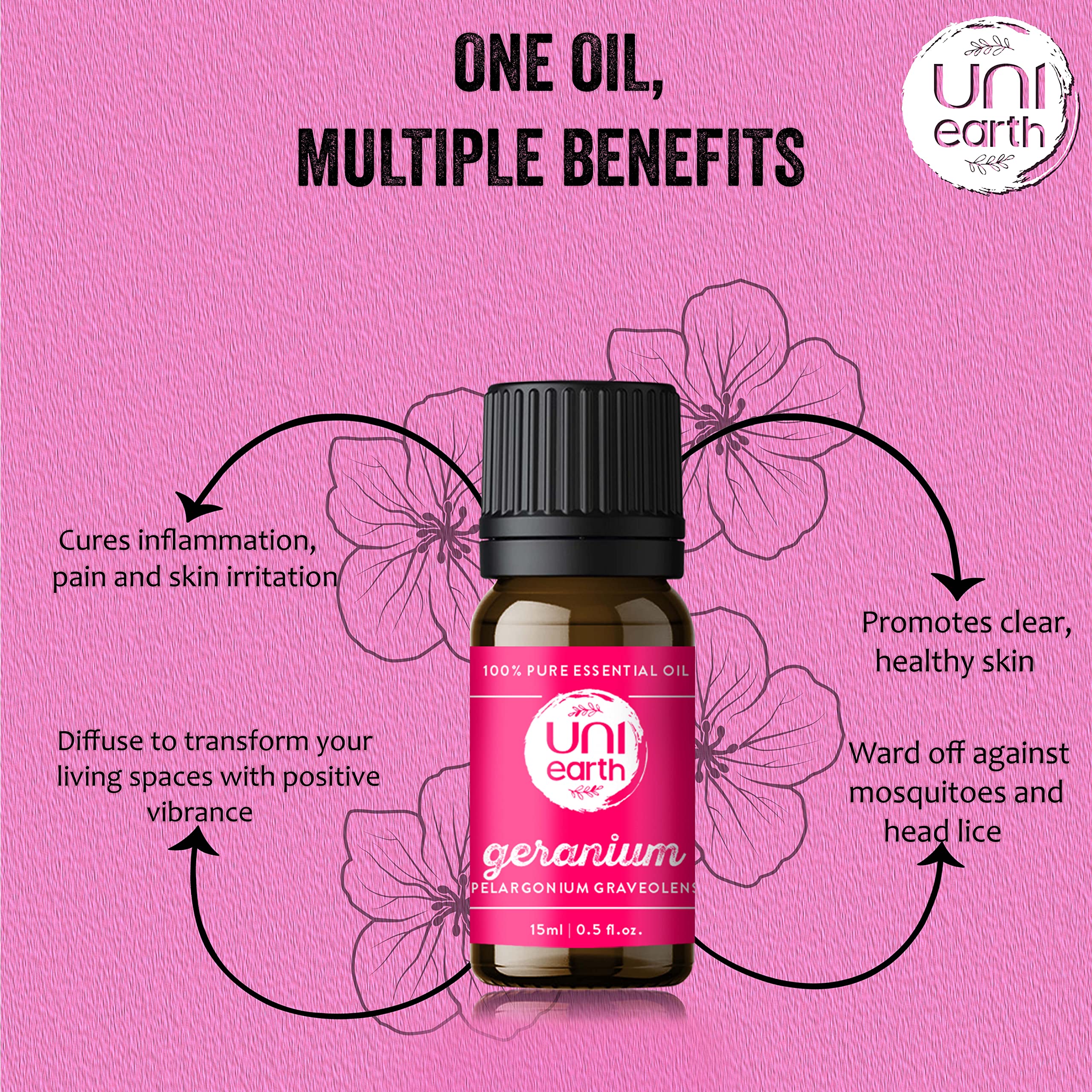 Uniearth 100% Pure Therapeutic Grade Geranium Essential Oil - 15mL for Skin & Hair Care, Reduces Acne & Hair Loss, Fades Age Spots & Scars | Natural Insect Repellent | Perfect for Aromatherapy, Massage & DIY Beauty Products