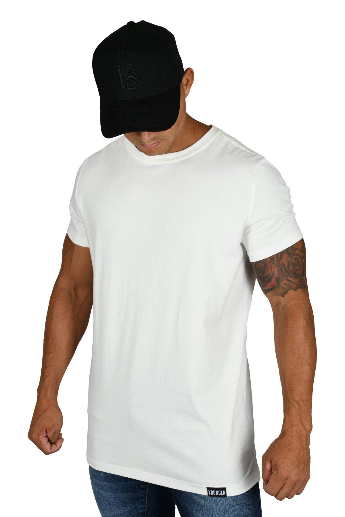 YoungLA Men's Minimalist Fitted T-Shirts - Slim Fit Long Drop Cut Tee for Gym & Workout | Breathable Cotton Shirt for Training, Running & Casual Wear