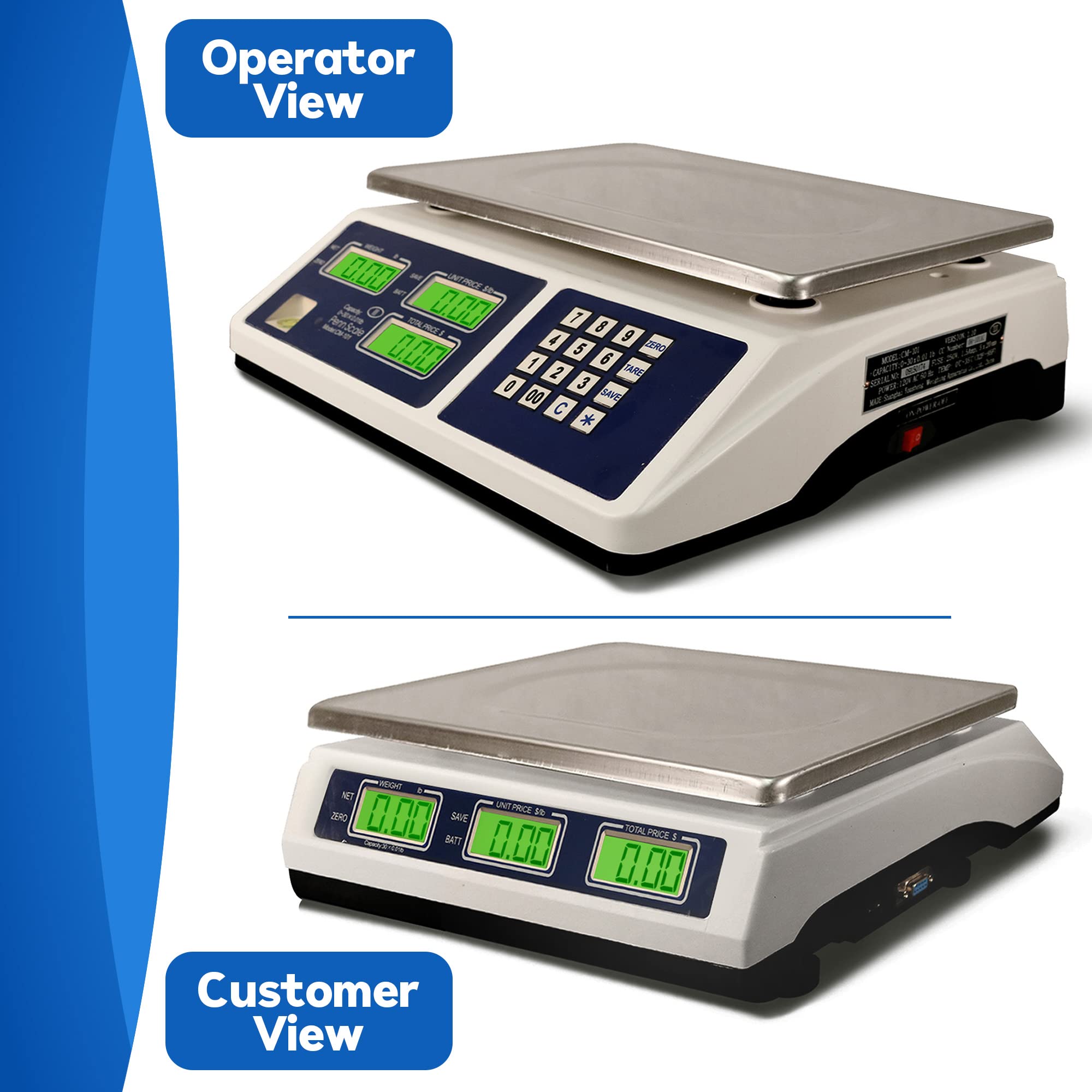 NTEP Certified CM-101 Digital Price Computing Scale - 30lb Capacity Commercial Scale with 0.01lb Precision, Rechargeable Battery & Dual LCD Display - Perfect for Grocery Stores, Farmers Markets & Retail Pricing (COC #04-101A1)