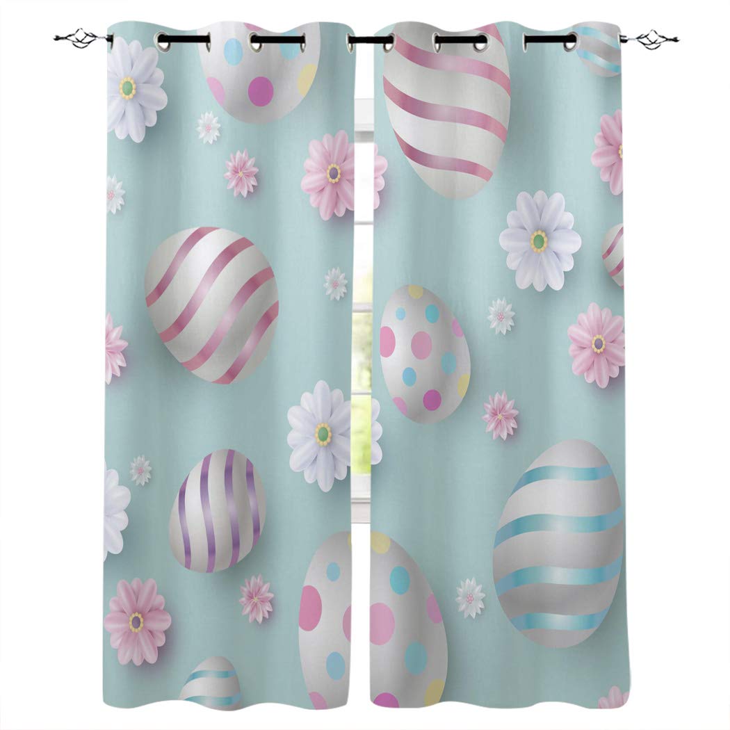 Blackout Curtains for Bedroom & Living Room - Thermal Insulated Noise Reducing Window Treatments - Easter Floral Pattern in Pink & Blue - 2 Panels 52