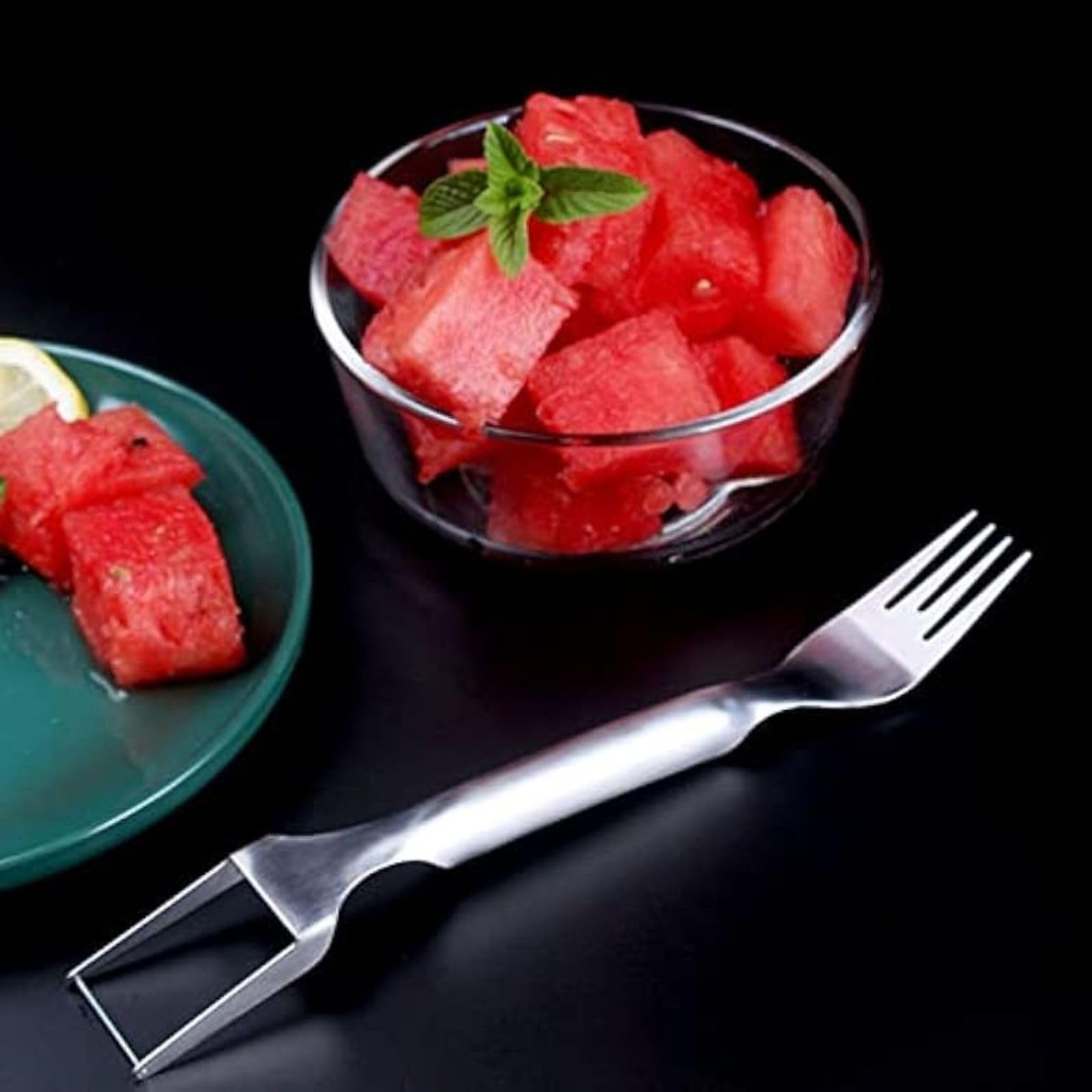2-in-1 Stainless Steel Watermelon Slicer & Fork Set - 2PCS Fruit Cutting Tool for Watermelons, Melons & Pineapples - Perfect for BBQ, Picnics, Camping & Family Parties