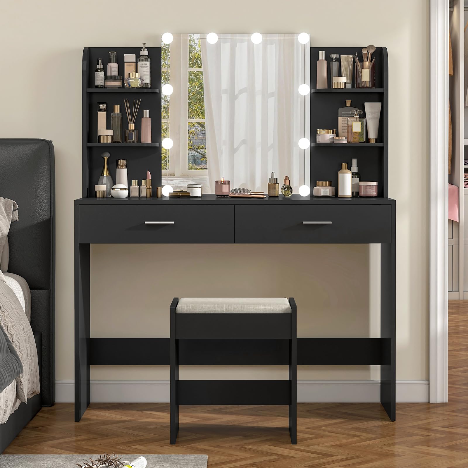 USIKEY Makeup Vanity Desk with LED Mirror & 10 Lights - Dressing Table Set with 2 Drawers, Open Shelves & Cushioned Stool (Black) - Perfect for Bedroom, Bathroom & Beauty Salon Organization