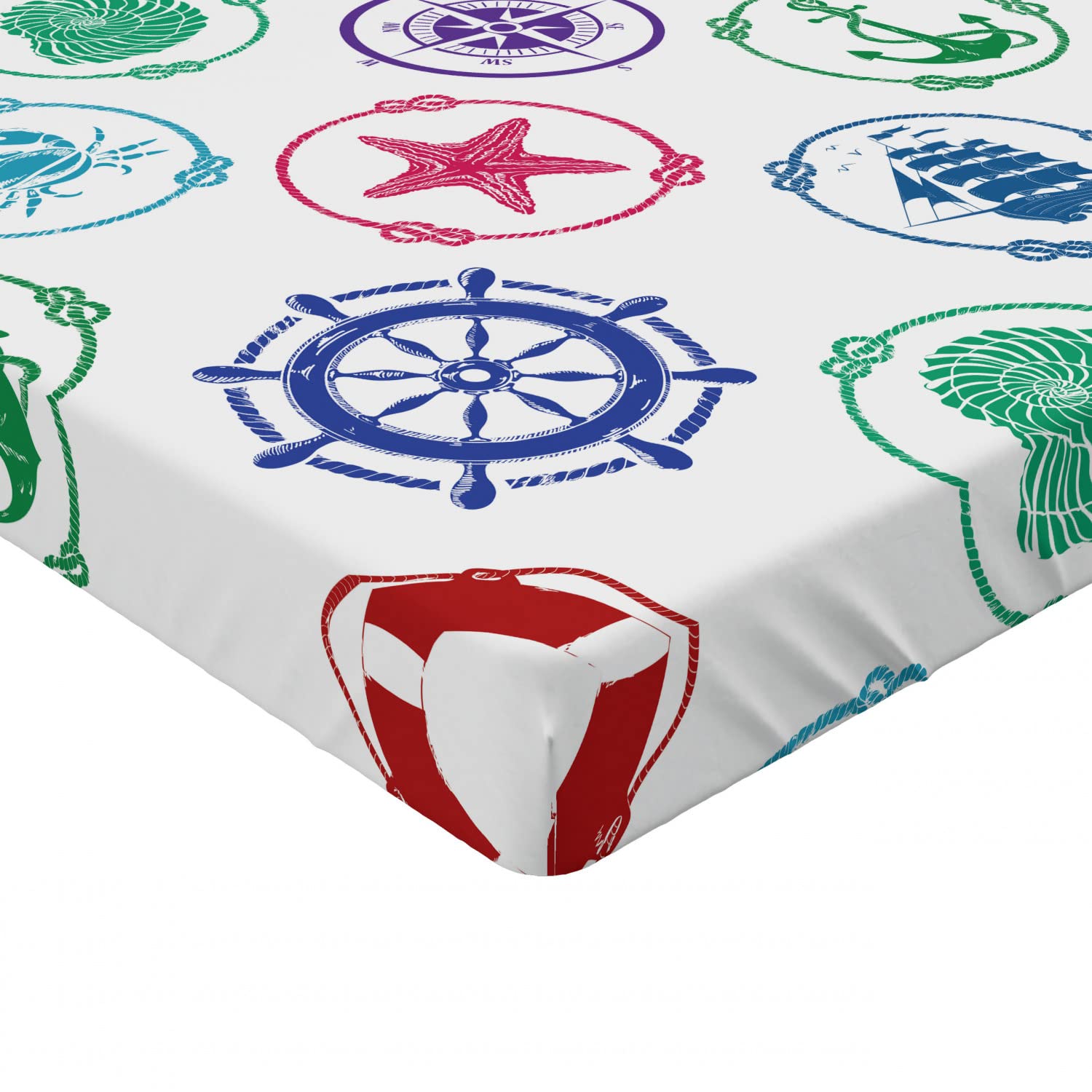 Ambesonne Marine Themed Fitted Sheet - Anchor, Wheel, Compass & Sea Life Design, Deep Pocket All-Around Elastic, Twin XL Size, Green & Red - Perfect for Nautical Bedrooms, Beach Houses & Coastal Decor