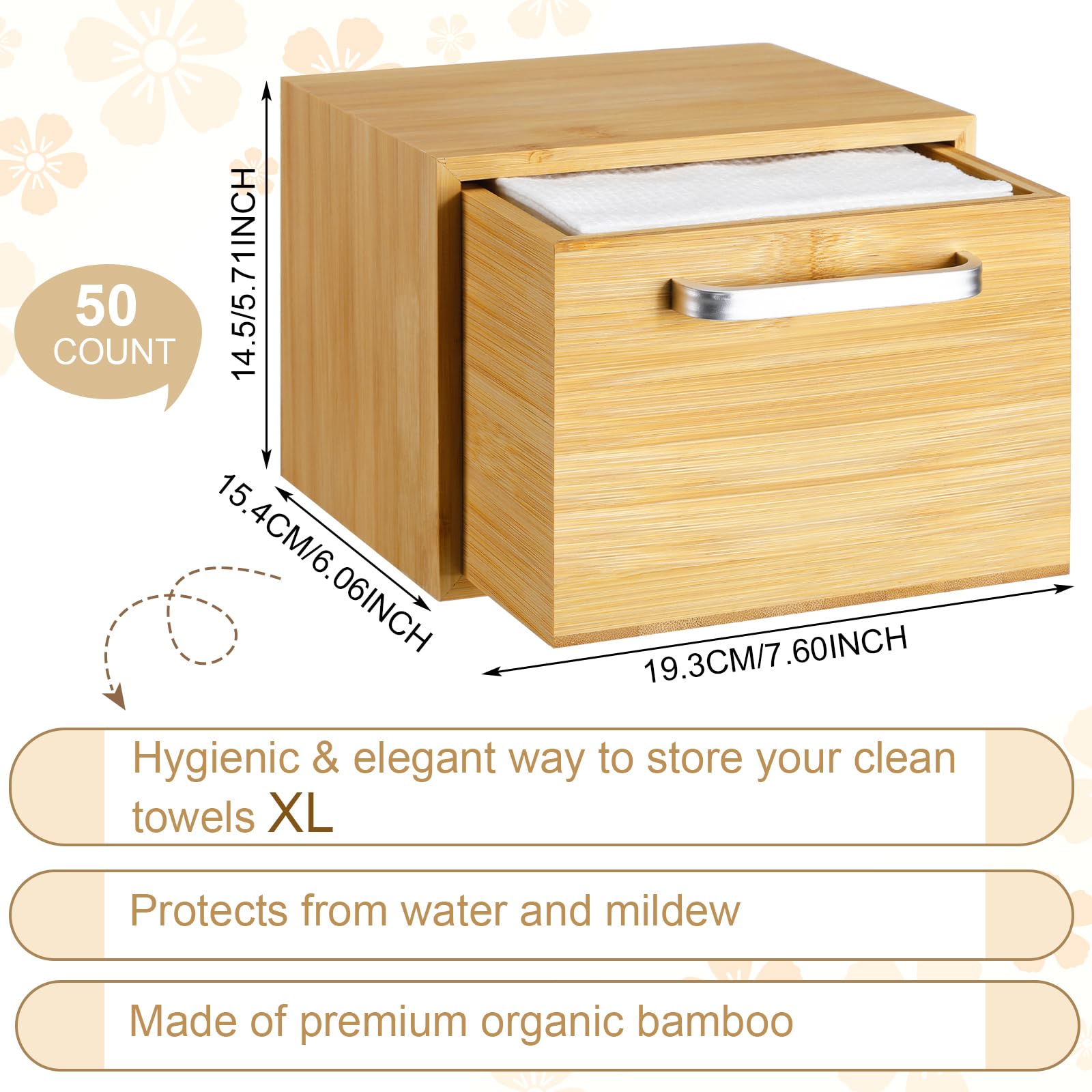 **Bamboo Box Towels XL - 50 Count Disposable Face Towels & Makeup Remover Wipes | Eco-Friendly, Soft & Gentle for Skin Care, Facial Cleansing, Bathroom & Spa Use (Wood Color, Drawer Style)**