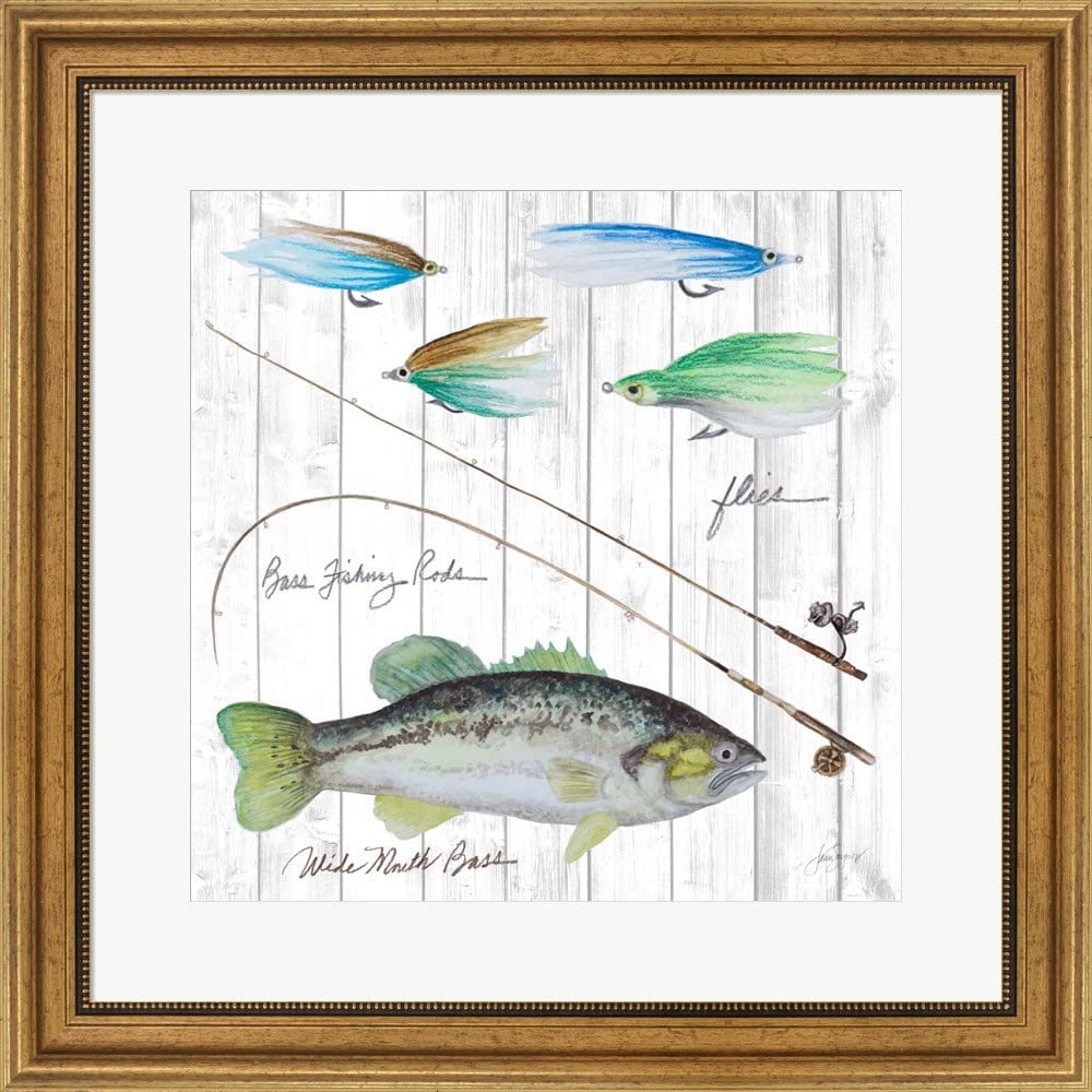 Janice Gaynor Framed Fish and Tackle Art Print - 24x24 Inches with Wide Gold Frame - Perfect for Home, Office, or Fishing Lodge Decor
