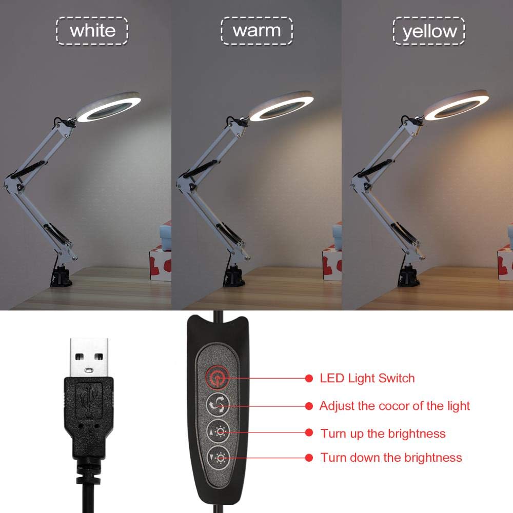 5X Magnifying Glass with LED Light - Adjustable Desk Lamp for Reading & Crafts - 3 Dimming Modes, USB Powered - Perfect for Jewelry Making, Sewing, and Close-up Work
