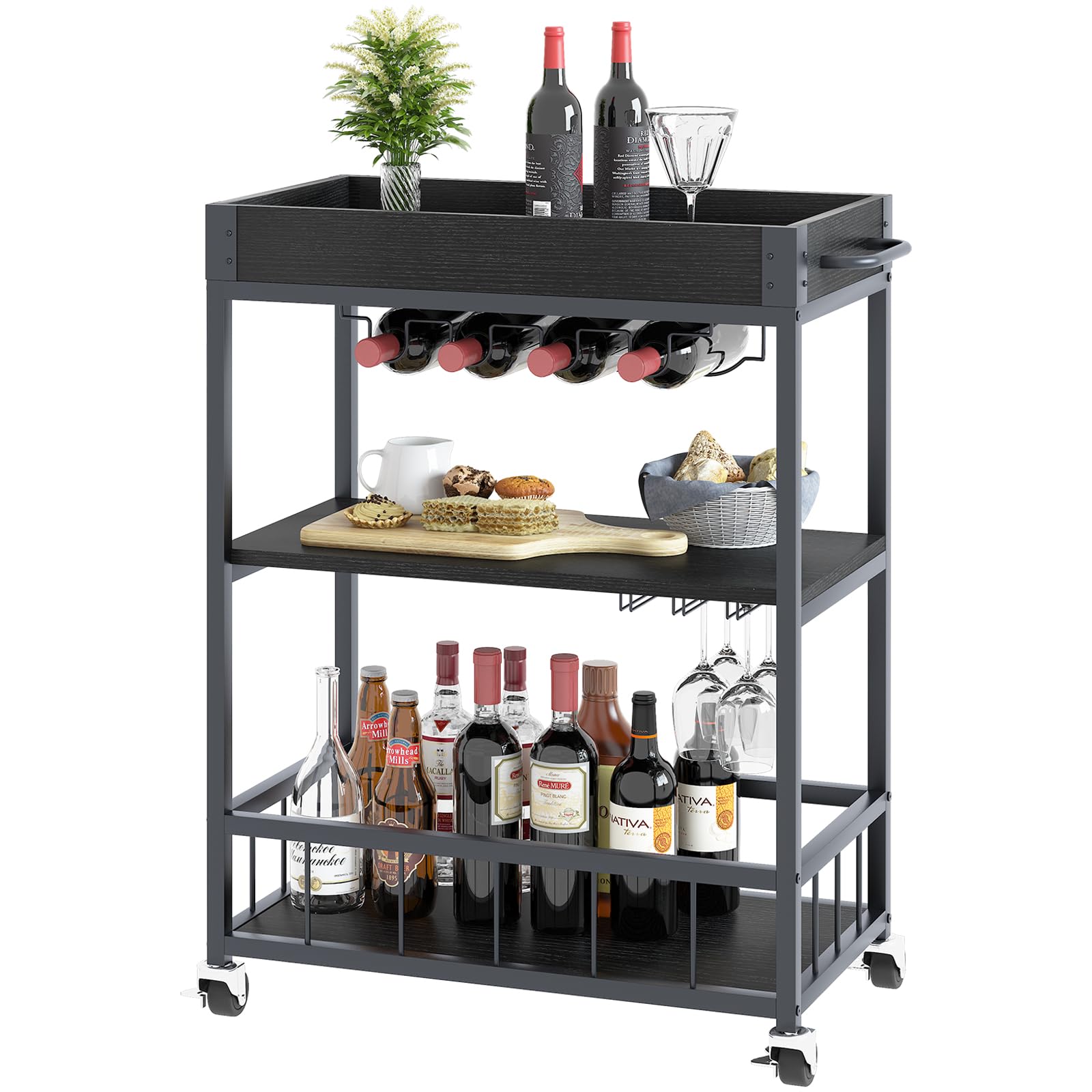 Vintage Style 3-Tier Bar Cart with Wheels - Mobile Serving Cart for Wine, Drinks & Kitchen - Wood & Metal Rolling Trolley for Living Room, Dining Room & Home Entertaining