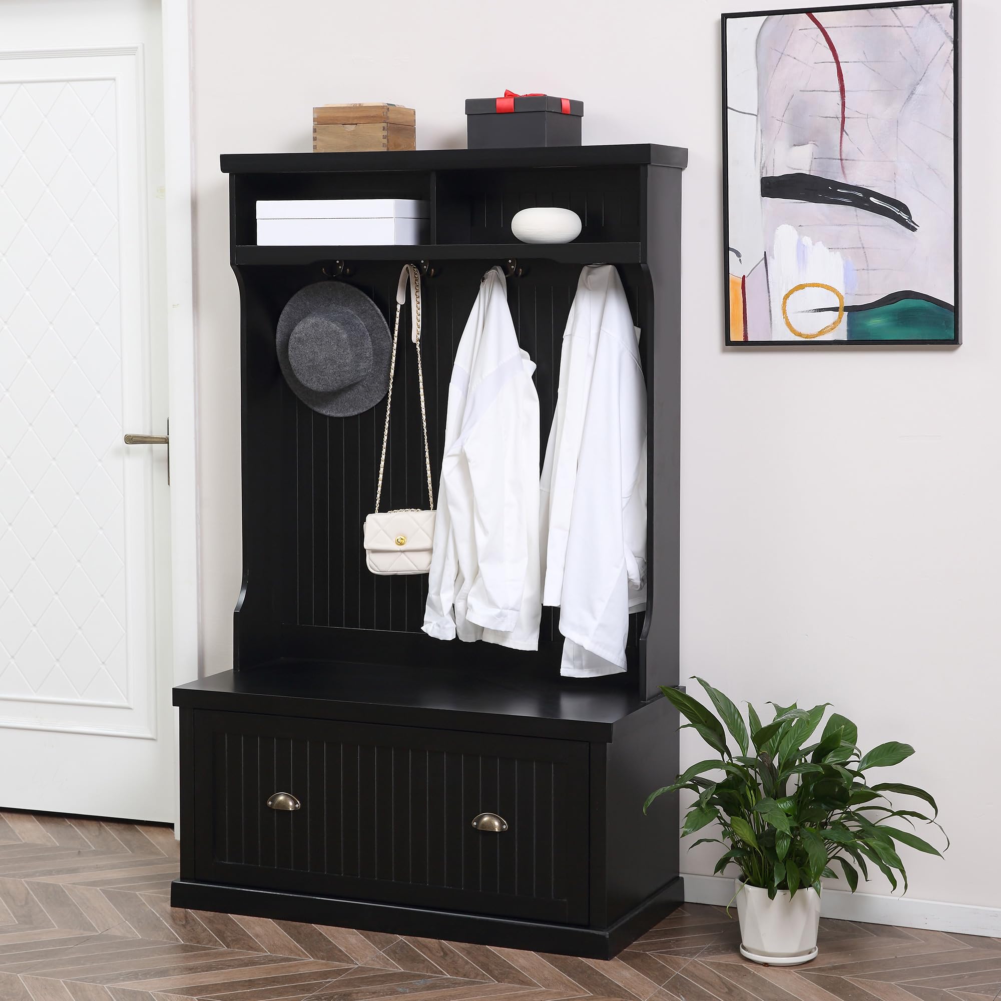 HOMCOM Entryway Bench with Coat Rack - 4 Double Hooks & 2 Storage Compartments, Hall Tree Bench with Shoe Storage for Hallway, Living Room, Bedroom - Black, Modern Furniture for Home Organization & Entryway Decor