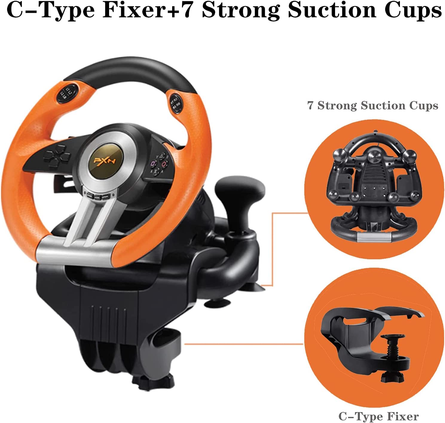 PXN V3 Pro Racing Wheel - 180° Steering Wheel for PS3, PS4, Xbox One, Xbox Series X/S, Nintendo Switch & PC - with Paddle Shifters, Gear Stick & Adjustable Pedals (Orange) - Perfect for Racing Games & Simulation Driving
