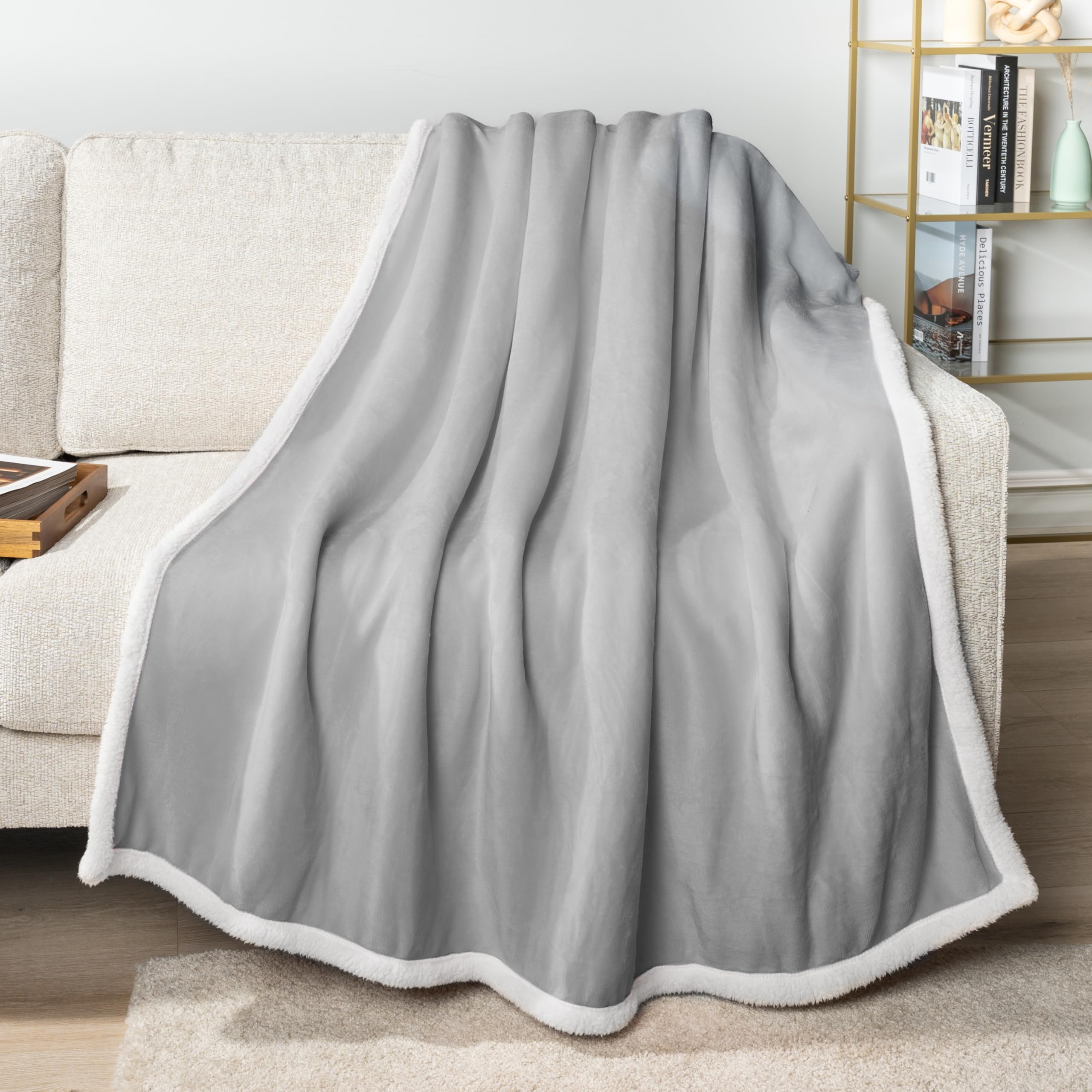 PAVILIA Queen Size Sherpa Fleece Blanket - Ultra Soft Plush Reversible Winter Blanket for Bed (90x90 Inches, Light Grey) - Cozy Warm Throw for Women & Men - Perfect for Couch, Sofa, Bedroom & Gift Giving