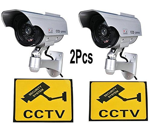 2 Pack Solar-Powered Fake Security Cameras with LED Light - Waterproof Outdoor Dummy CCTV Camera for Home, Yard & Business Deterrent (Day/Night Use)