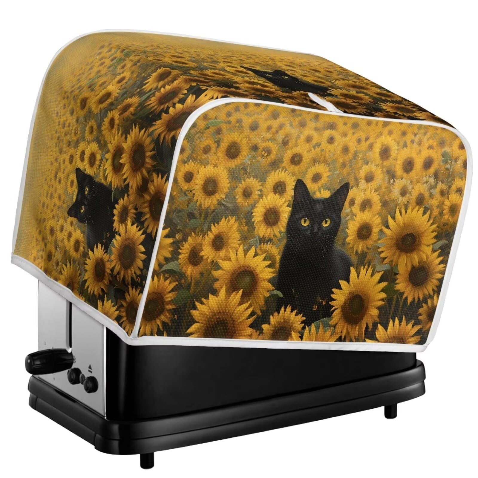 Waterproof Black Cat and Sunflower Print Toaster Cover - Standard 4 Slice Bread Maker Protector - Kitchen Appliance Cover for Countertop Protection - Perfect for Home, Cafe, and Office Use