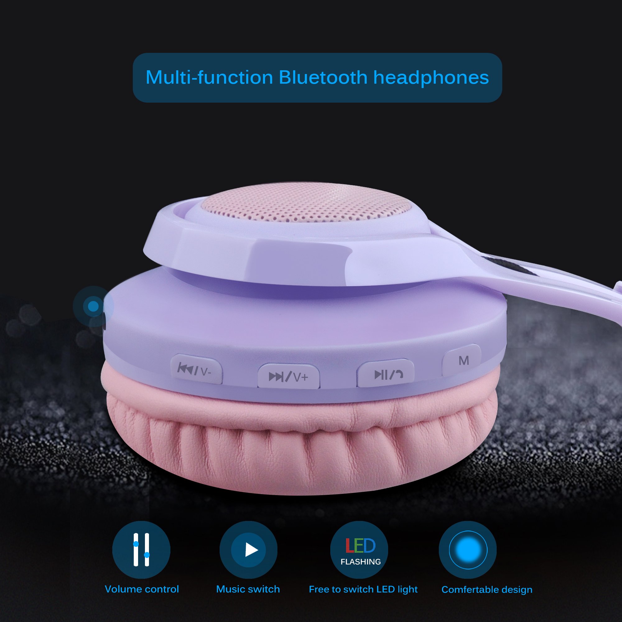 Riwbox WT-7S Kids Bluetooth Headphones with LED Lights - Foldable Wireless Headphones with Built-in Mic & Volume Control for Children - Compatible with PC, Tablet, TV - Perfect for School, Travel & Home Use