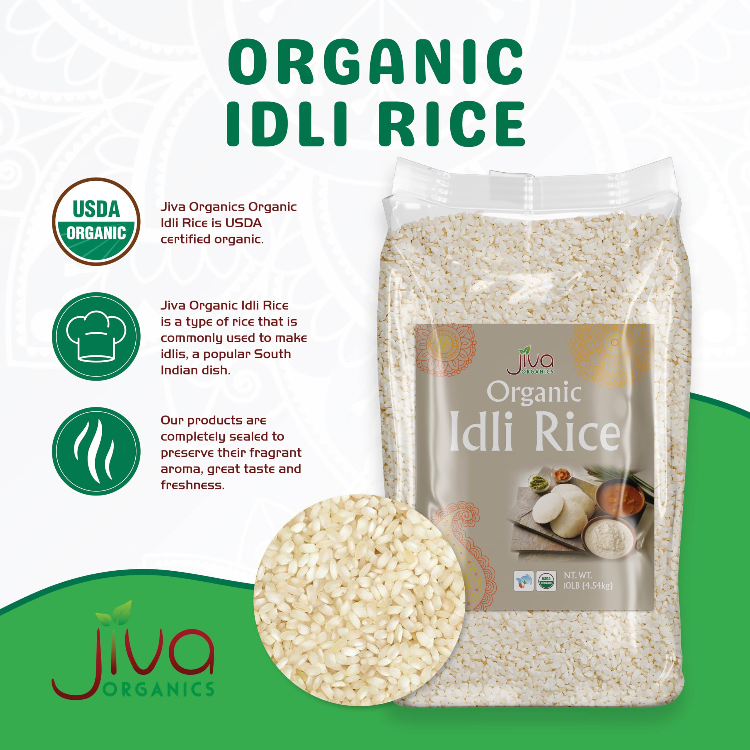 Jiva Organic Idli Rice 10 Pound Bag - Non-GMO, USDA Organic Certified, Vegan, Gluten-Free Short Grain Parboiled Rice - Perfect for Idli, Dosa & South Indian Cooking - Ideal for Breakfast, Lunch & Traditional Indian Meals