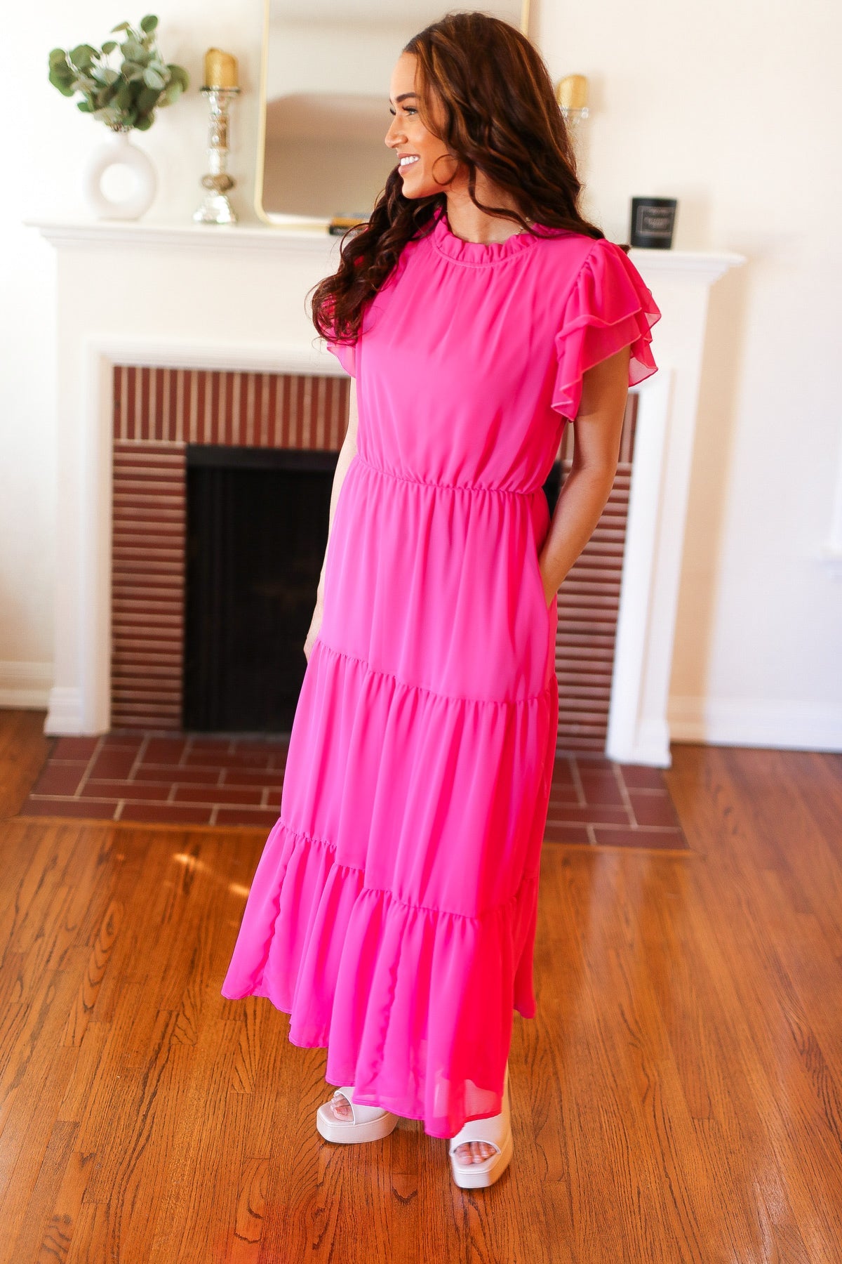 Haptics Perfectly You Hot Pink Mock Neck Tiered Chiffon Maxi Dress for Women - Elegant Formal & Party Wear, Wedding Guest Outfit, Evening Gown