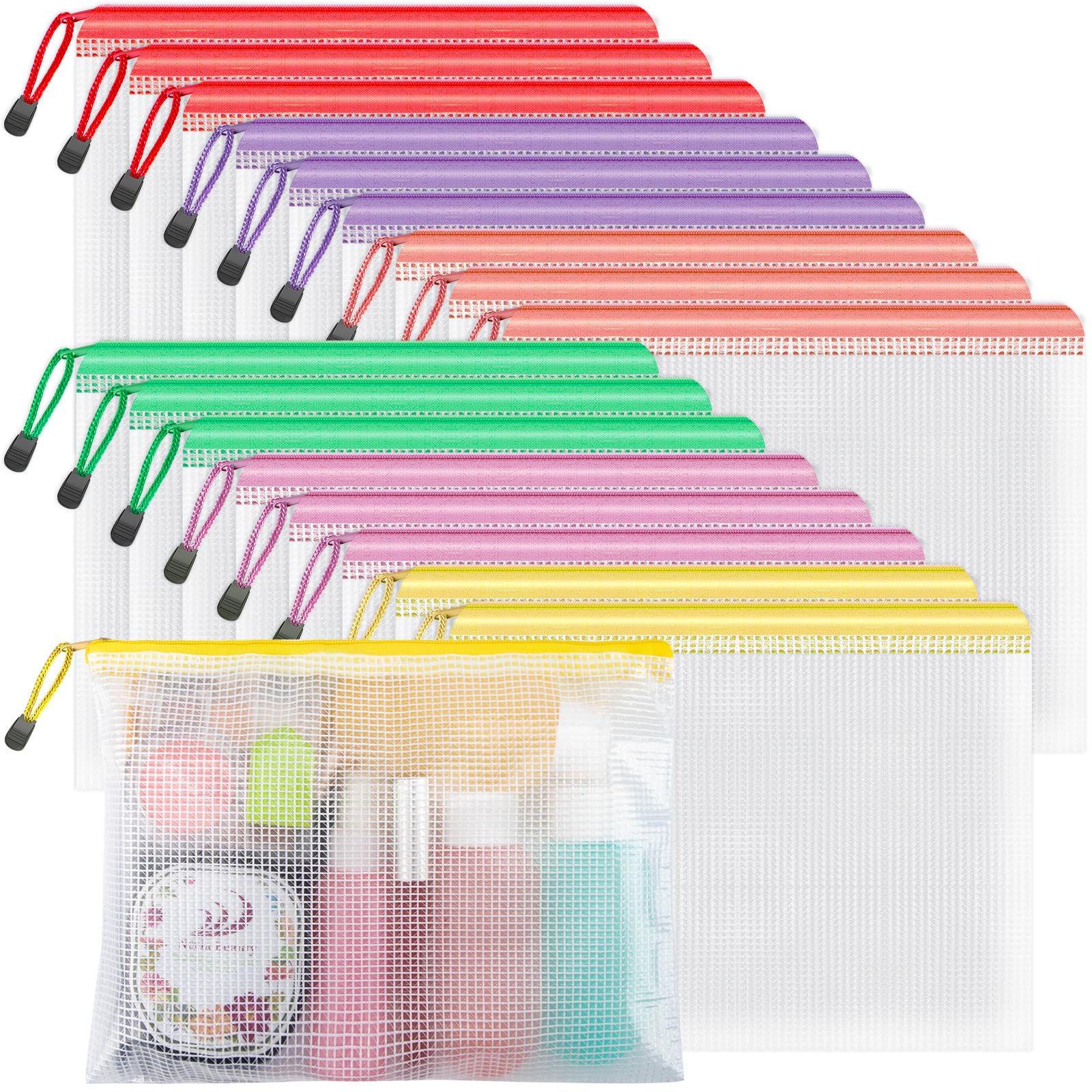 Umriox 6-Color Mesh Zipper Pouch Set (18 Pack) - Waterproof for Office, Travel & Cosmetics