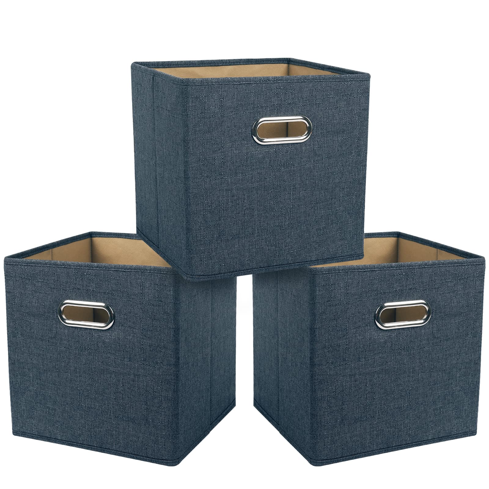 Foldable Fabric Storage Bins 3-Pack - Blue Cube Baskets with Handles for Closet & Office Organization